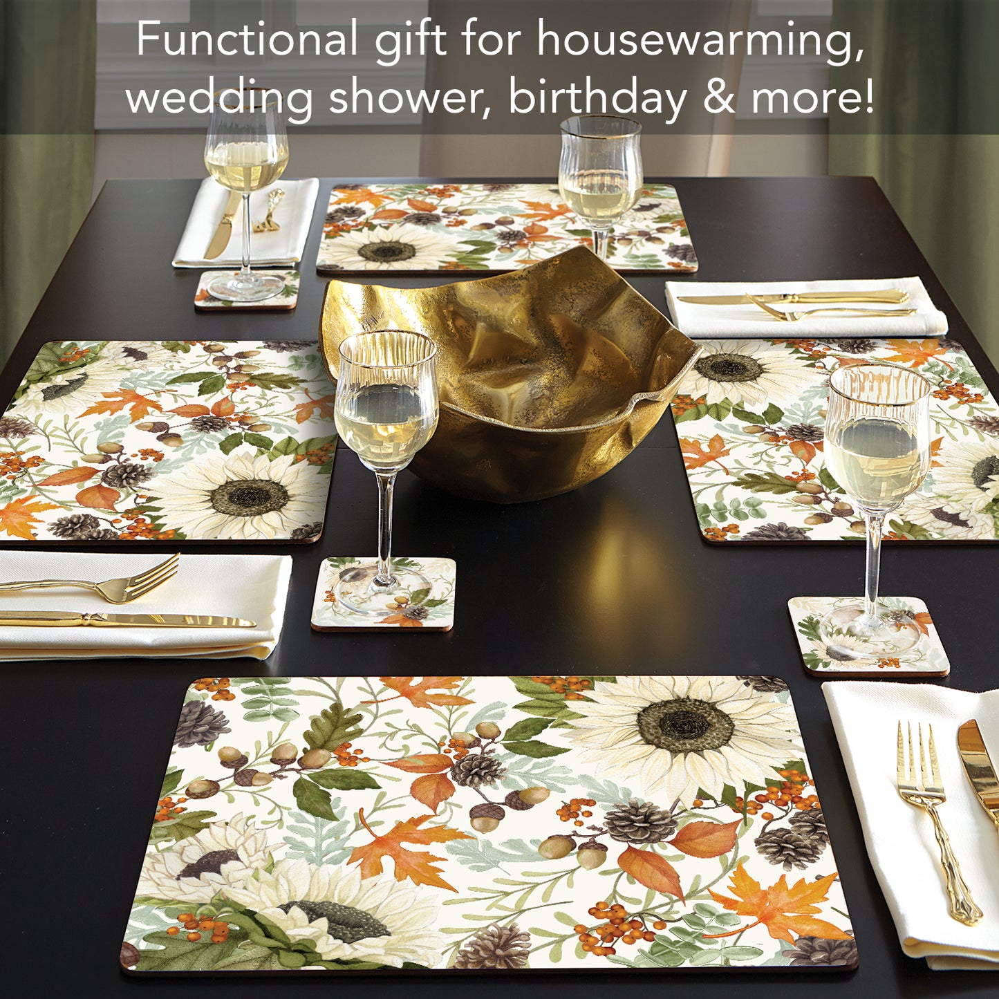Cala Home Farmhouse Fall Premium Decorative Hardboard Cork Back Placemats 4 Pack Manufactured in The USA Easily Wipes Clean