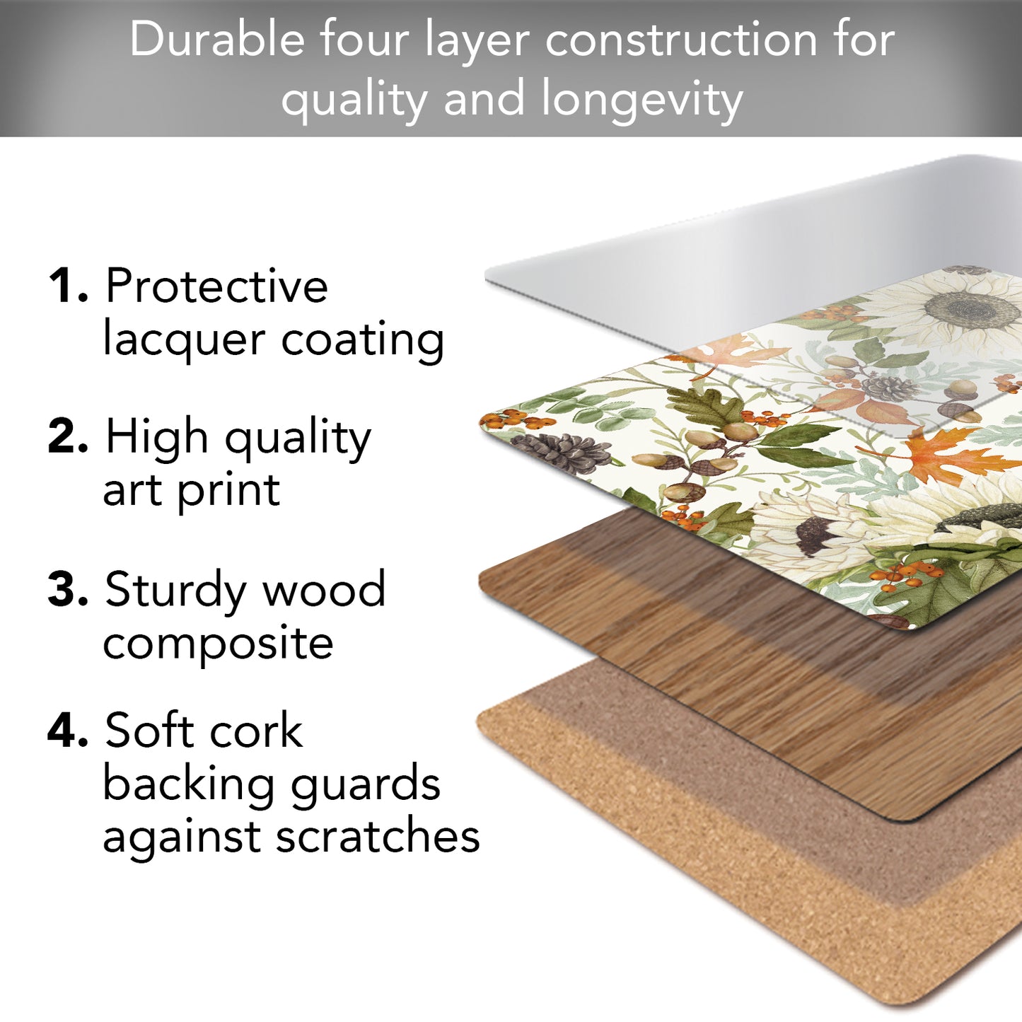 Cala Home Farmhouse Fall Premium Decorative Hardboard Cork Back Placemats 4 Pack Manufactured in The USA Easily Wipes Clean