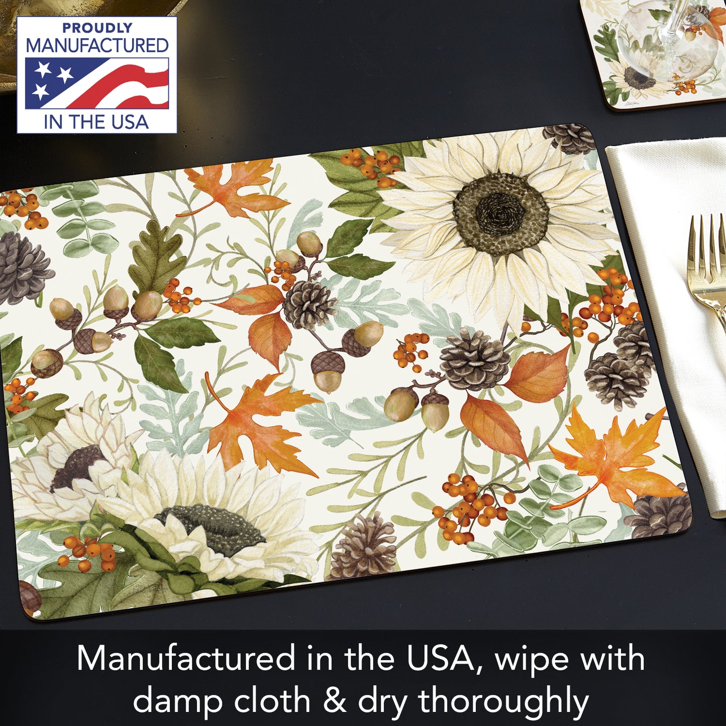 Cala Home Farmhouse Fall Premium Decorative Hardboard Cork Back Placemats 4 Pack Manufactured in The USA Easily Wipes Clean
