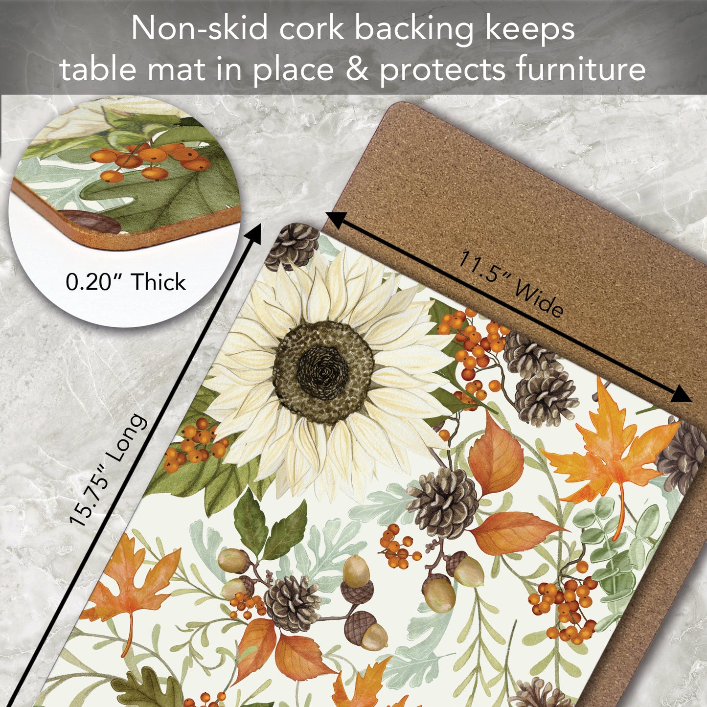 Cala Home Farmhouse Fall Premium Decorative Hardboard Cork Back Placemats 4 Pack Manufactured in The USA Easily Wipes Clean