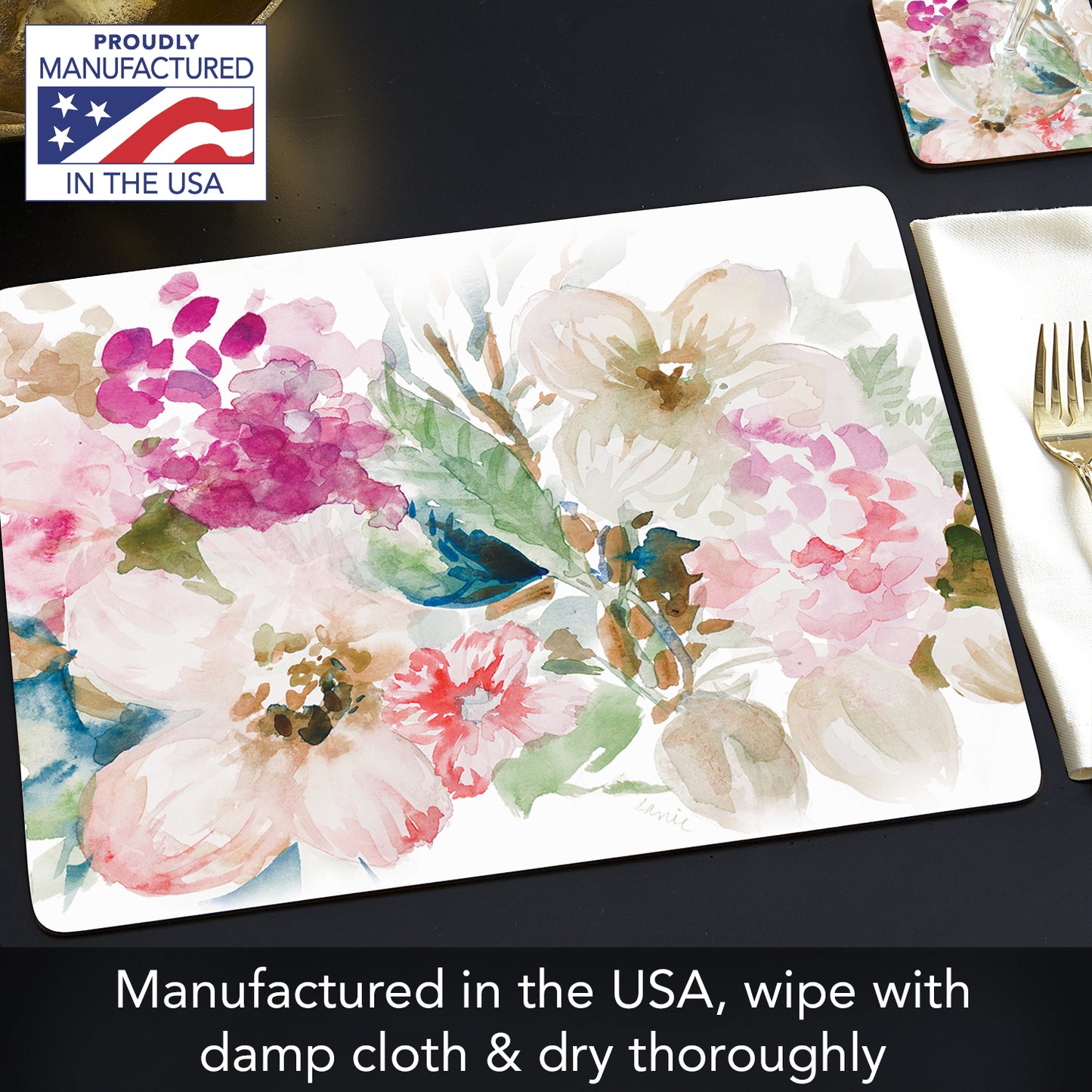 Cala Home Fragrant Spring Premium Decorative Hardboard Cork Back Placemats 4 Pack Manufactured in The USA Elegant Heat Tolerant Easily Wipes Clean