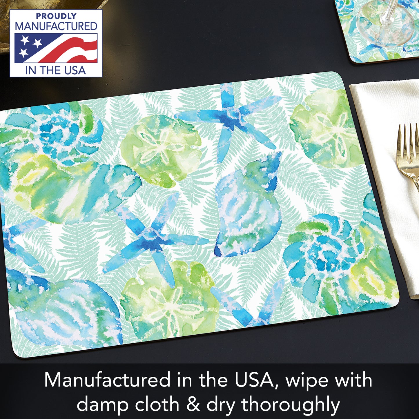 Cala Home Isla Mona Coastal Premium Decorative Hardboard Cork Back Tabletop Placemats 4 Pack Manufactured in The USA Heat Tolerant and Easily Wipes Clean