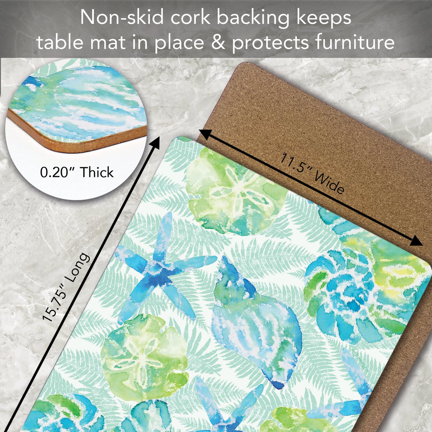 Cala Home Isla Mona Coastal Premium Decorative Hardboard Cork Back Tabletop Placemats 4 Pack Manufactured in The USA Heat Tolerant and Easily Wipes Clean
