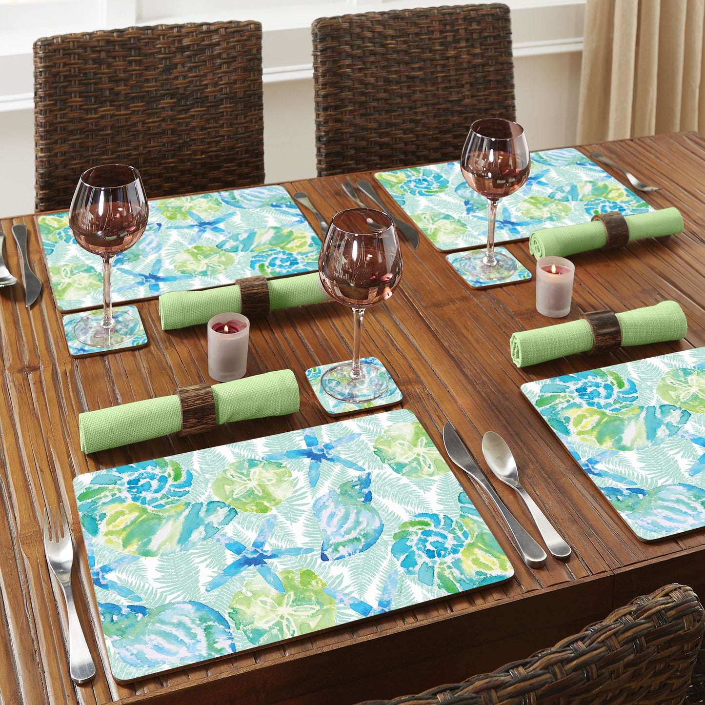 Cala Home Isla Mona Coastal Premium Decorative Hardboard Cork Back Tabletop Placemats 4 Pack Manufactured in The USA Heat Tolerant and Easily Wipes Clean