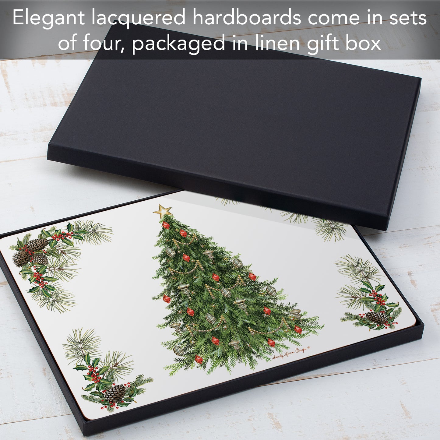 Cala Home Christmas Tree Premium Decorative Hardboard Cork Back Placemats 4 Pack Manufactured in the USA