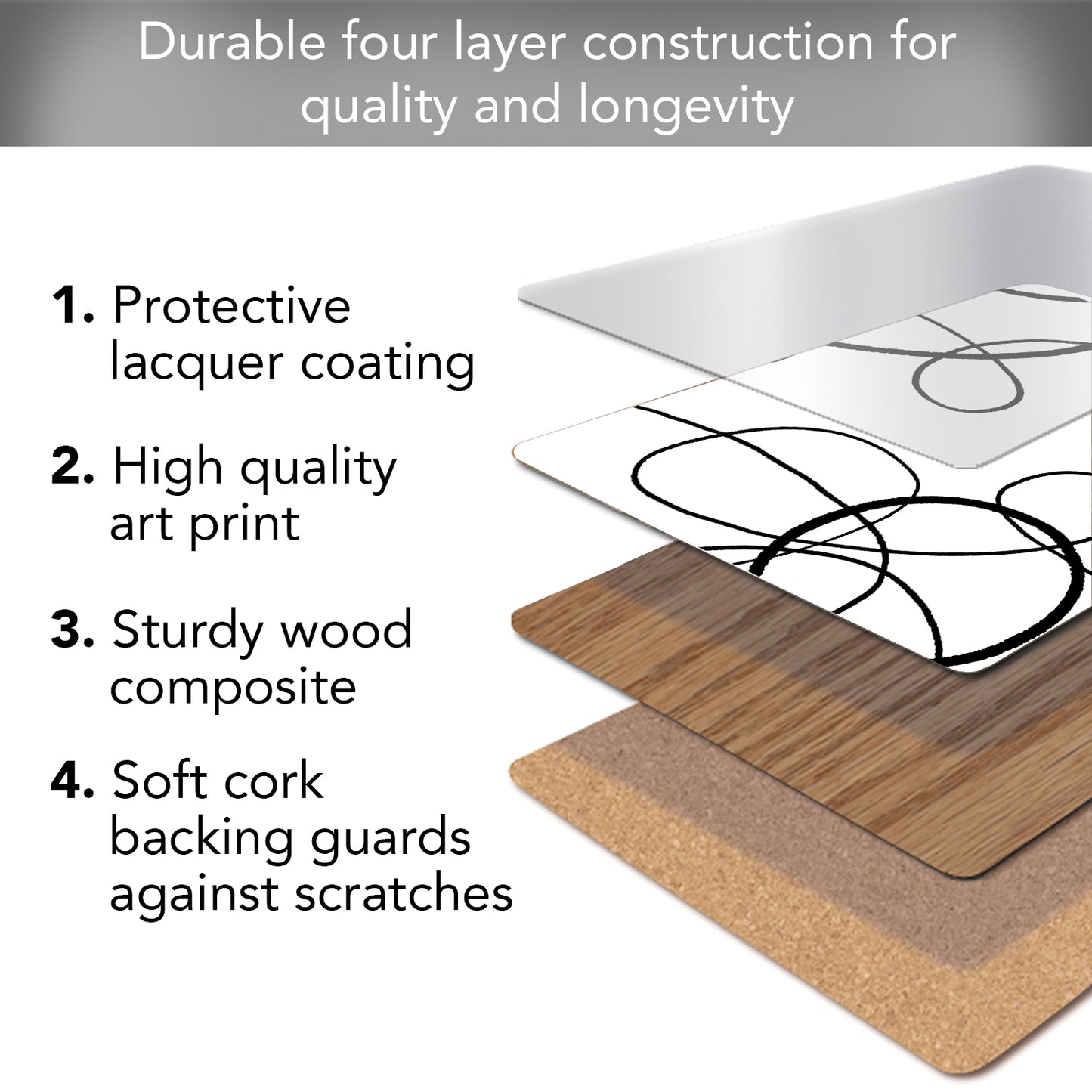 CounterArt Scribble Premium Decorative Hardboard Tabletop Placemats 4-Pack Manufactured in The USA Heat Tolerant and Easily Wipes Clean