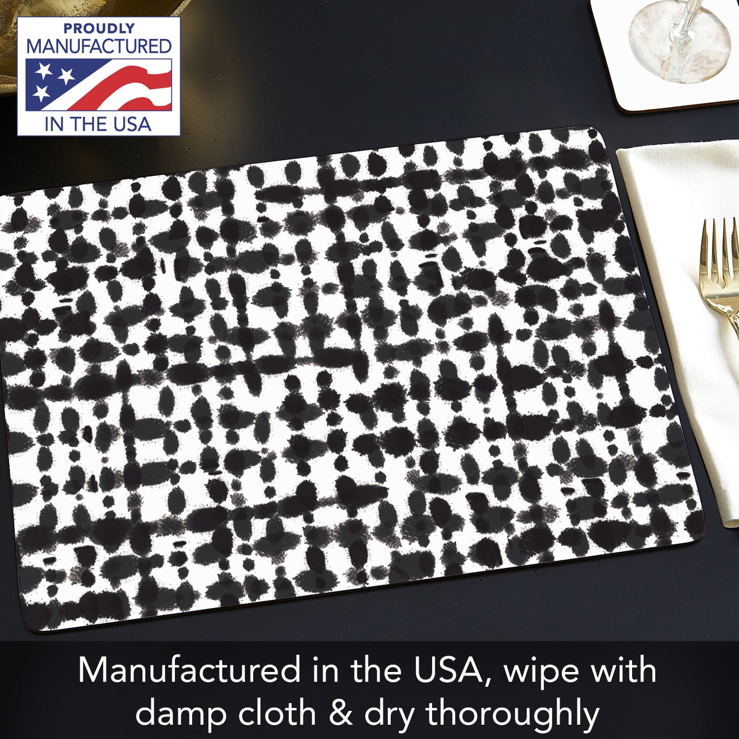 CounterArt Black Spots Premium Decorative Hardboard Tabletop Placemats 4-Pack Manufactured in The USA Heat Tolerant and Easily Wipes Clean