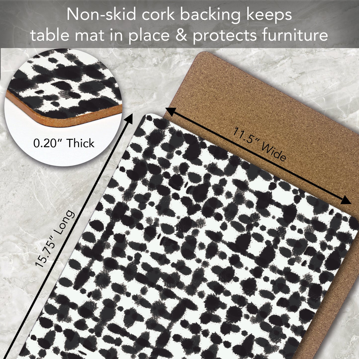 CounterArt Black Spots Premium Decorative Hardboard Tabletop Placemats 4-Pack Manufactured in The USA Heat Tolerant and Easily Wipes Clean