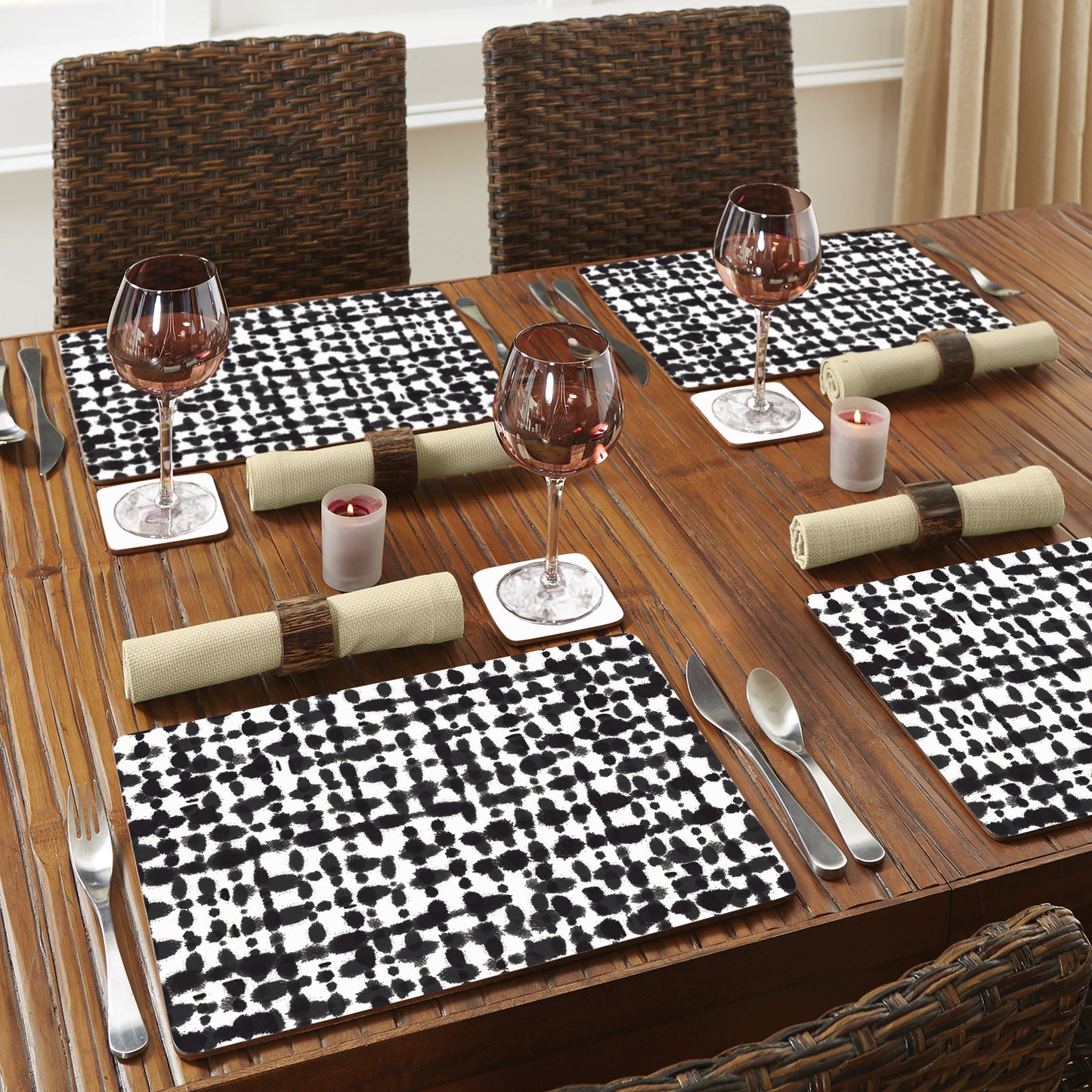 CounterArt Black Spots Premium Decorative Hardboard Tabletop Placemats 4-Pack Manufactured in The USA Heat Tolerant and Easily Wipes Clean