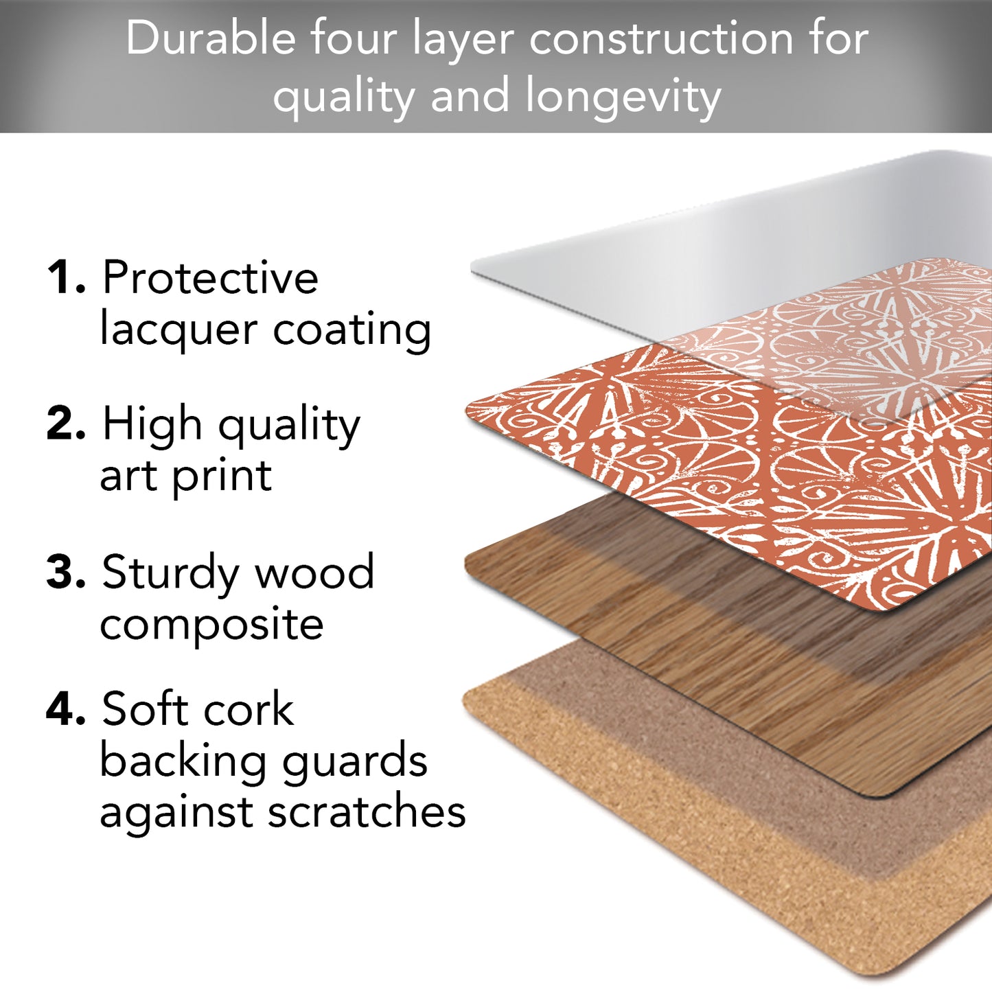 Floral Southwest Design Premium Decorative Hardboard Tabletop Placemats 4 Pack Manufactured in the USA