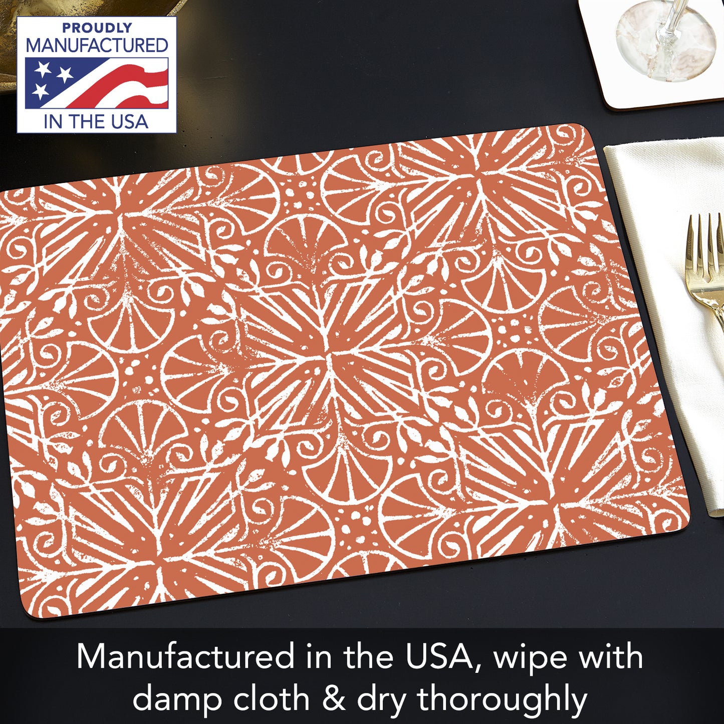 Floral Southwest Design Premium Decorative Hardboard Tabletop Placemats 4 Pack Manufactured in the USA
