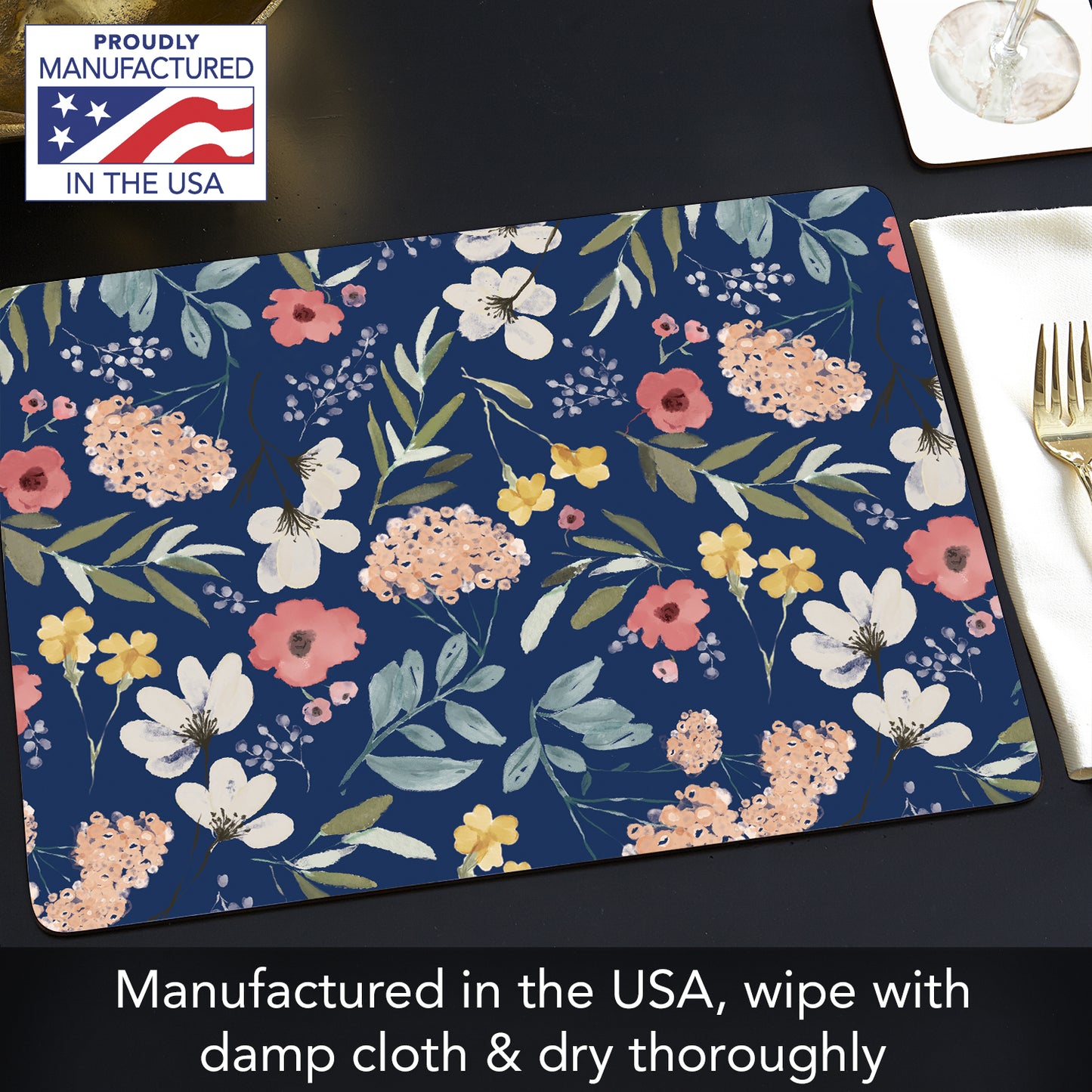 CounterArt Meadow Blue Premium Decorative Hardboard Tabletop Placemats 4-Pack Manufactured in The USA Heat Tolerant and Easily Wipes Clean