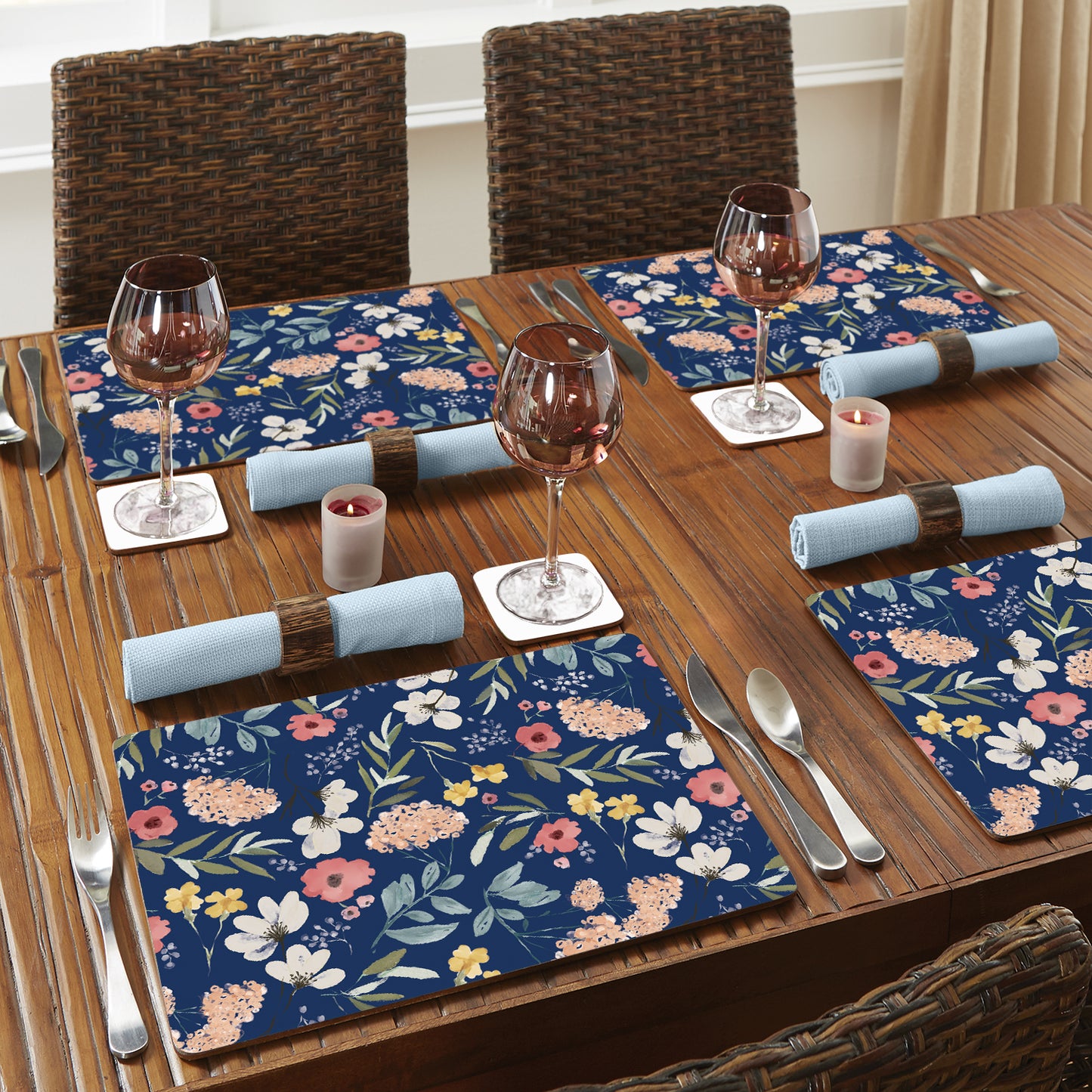 CounterArt Meadow Blue Premium Decorative Hardboard Tabletop Placemats 4-Pack Manufactured in The USA Heat Tolerant and Easily Wipes Clean