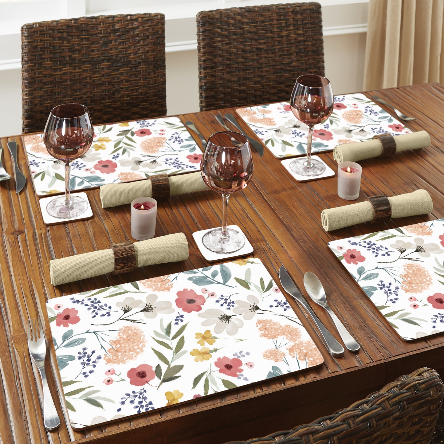 CounterArt Meadow Pink Decorative Hardboard Placemats with Protective Cork Backing 4 Pack Layered Construction Heat Tolerant and Easily Wipes Clean