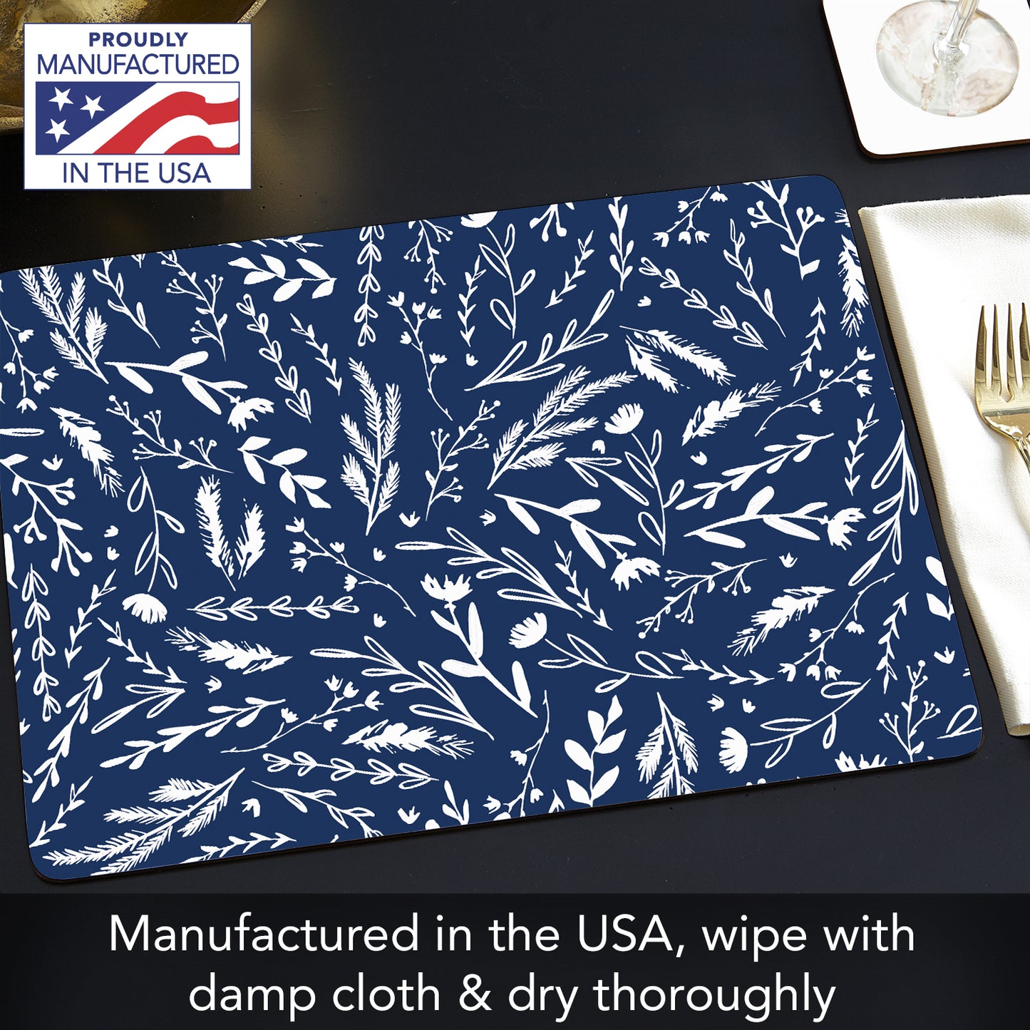 CounterArt Navy Meadow Sketch Premium Decorative Hardboard Tabletop Placemats 4-Pack Manufactured in The USA Heat Tolerant and Easily Wipes Clean