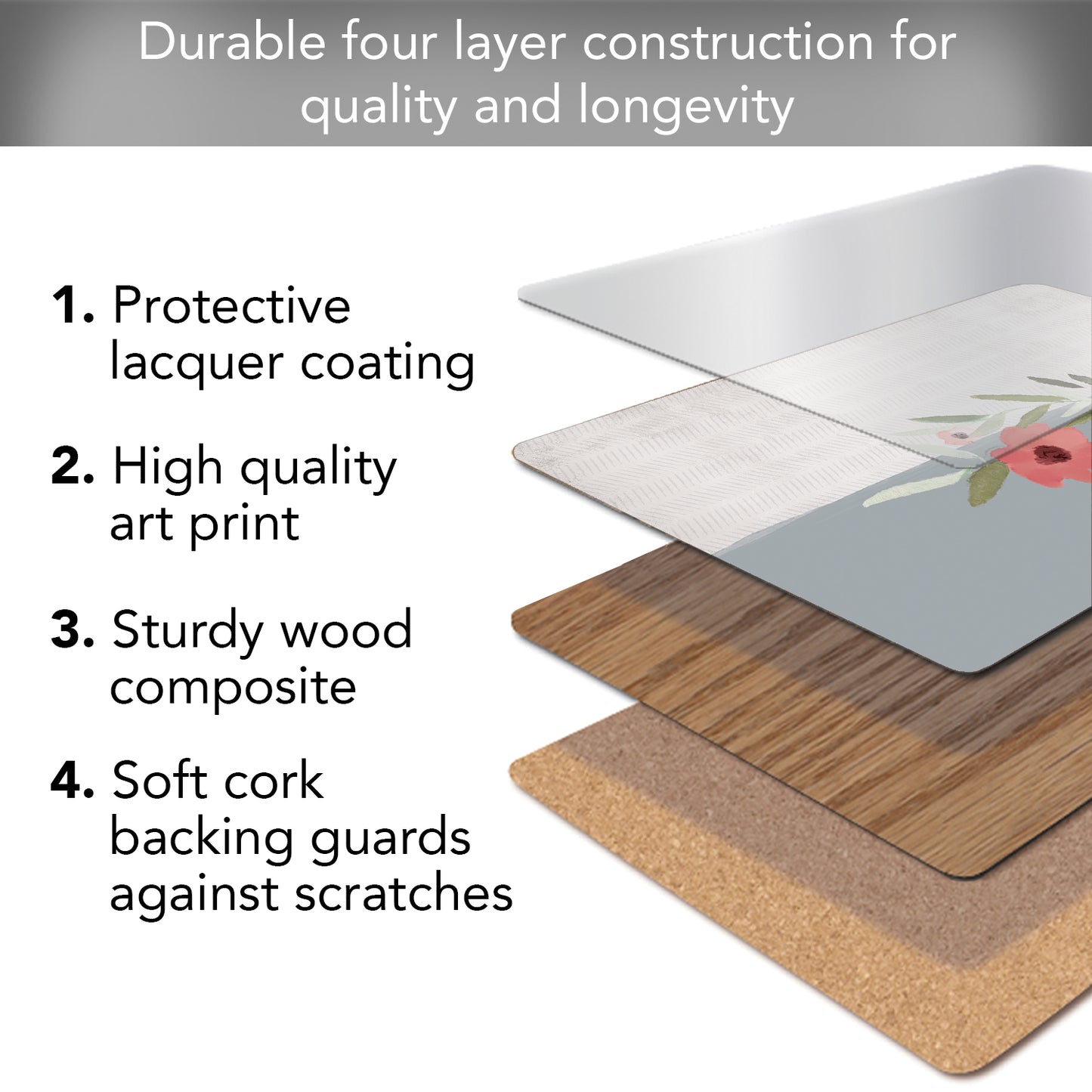 Meadow Flower Premium Decorative Hardboard Tabletop Placemats 4 Pack Manufactured in the USA