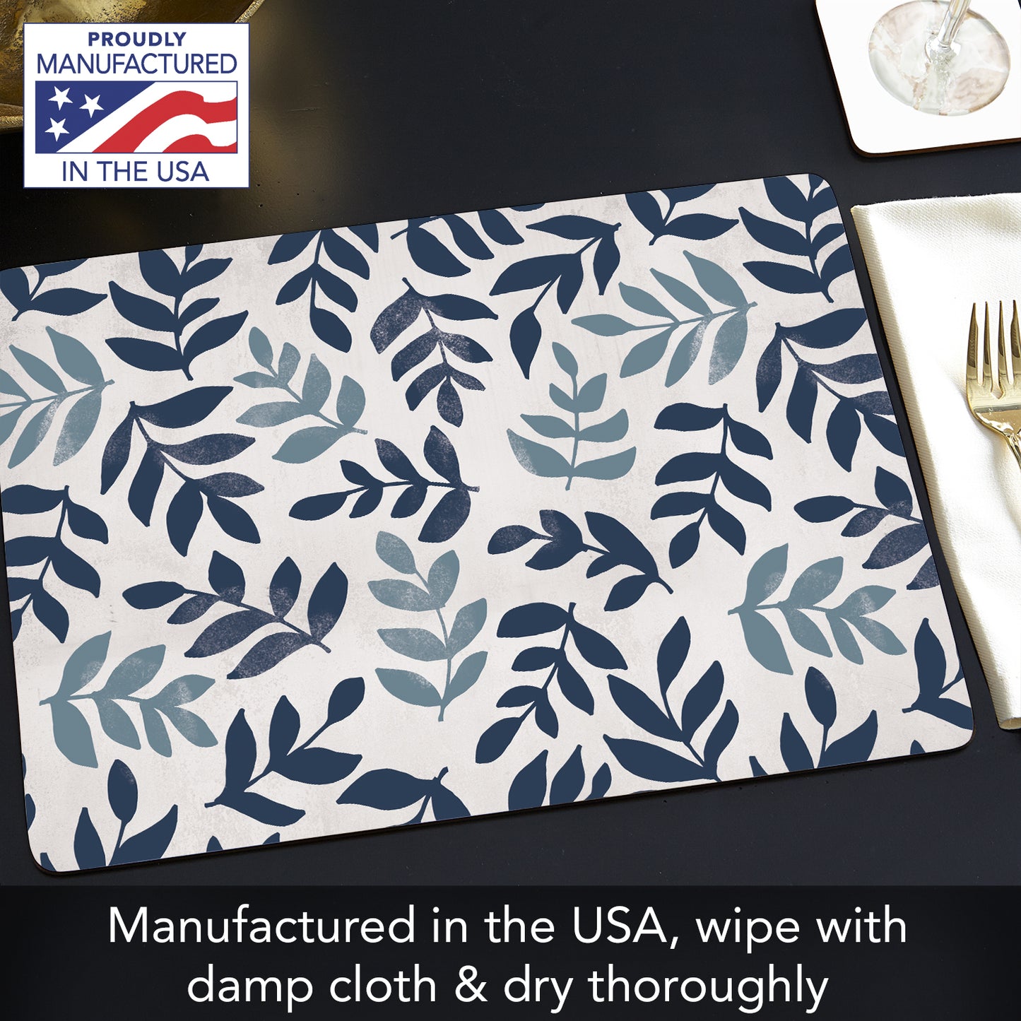 CounterArt Blue Leaf Floral Premium Decorative Hardboard Tabletop Placemats 4-Pack Manufactured in The USA Heat Tolerant and Easily Wipes Clean