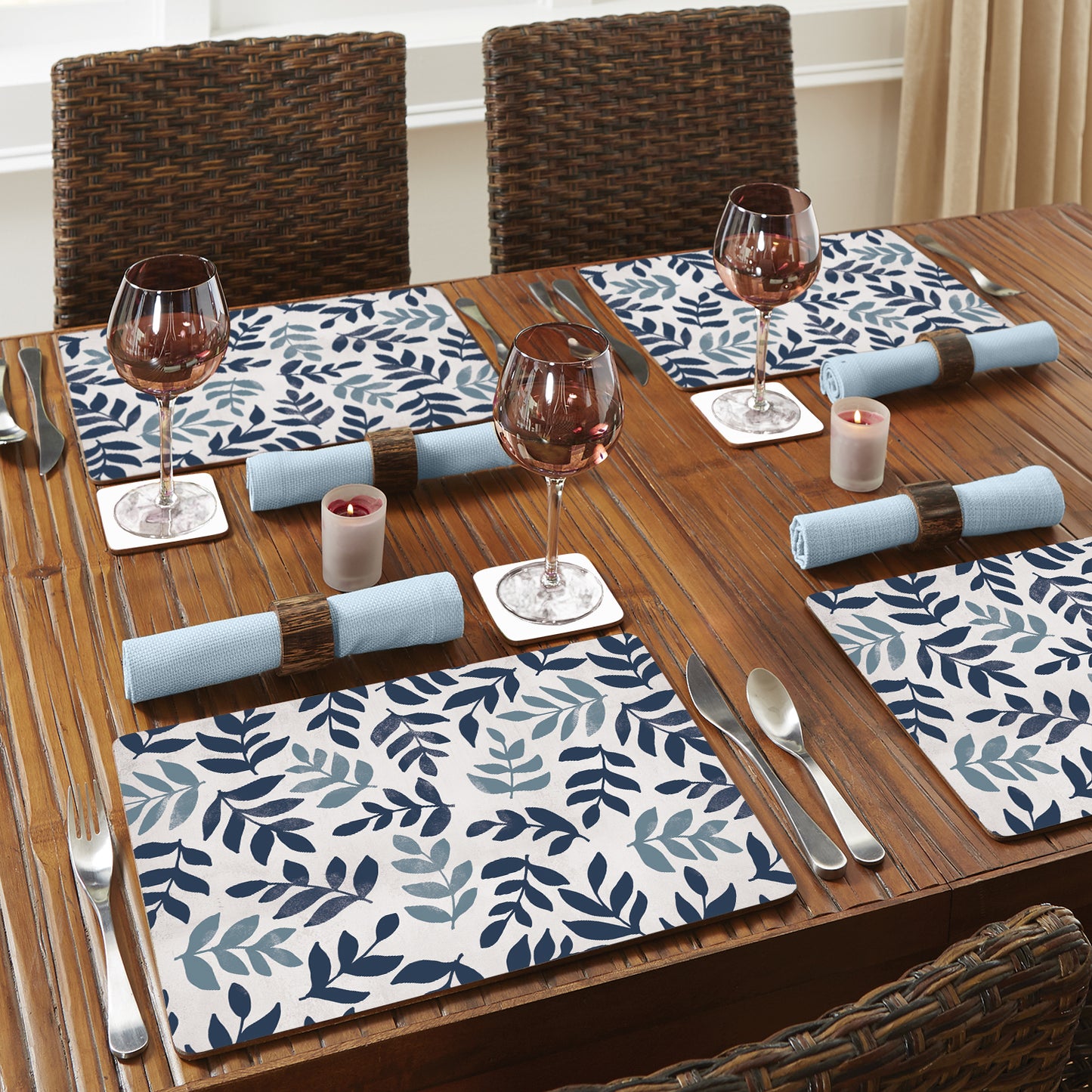 CounterArt Blue Leaf Floral Premium Decorative Hardboard Tabletop Placemats 4-Pack Manufactured in The USA Heat Tolerant and Easily Wipes Clean