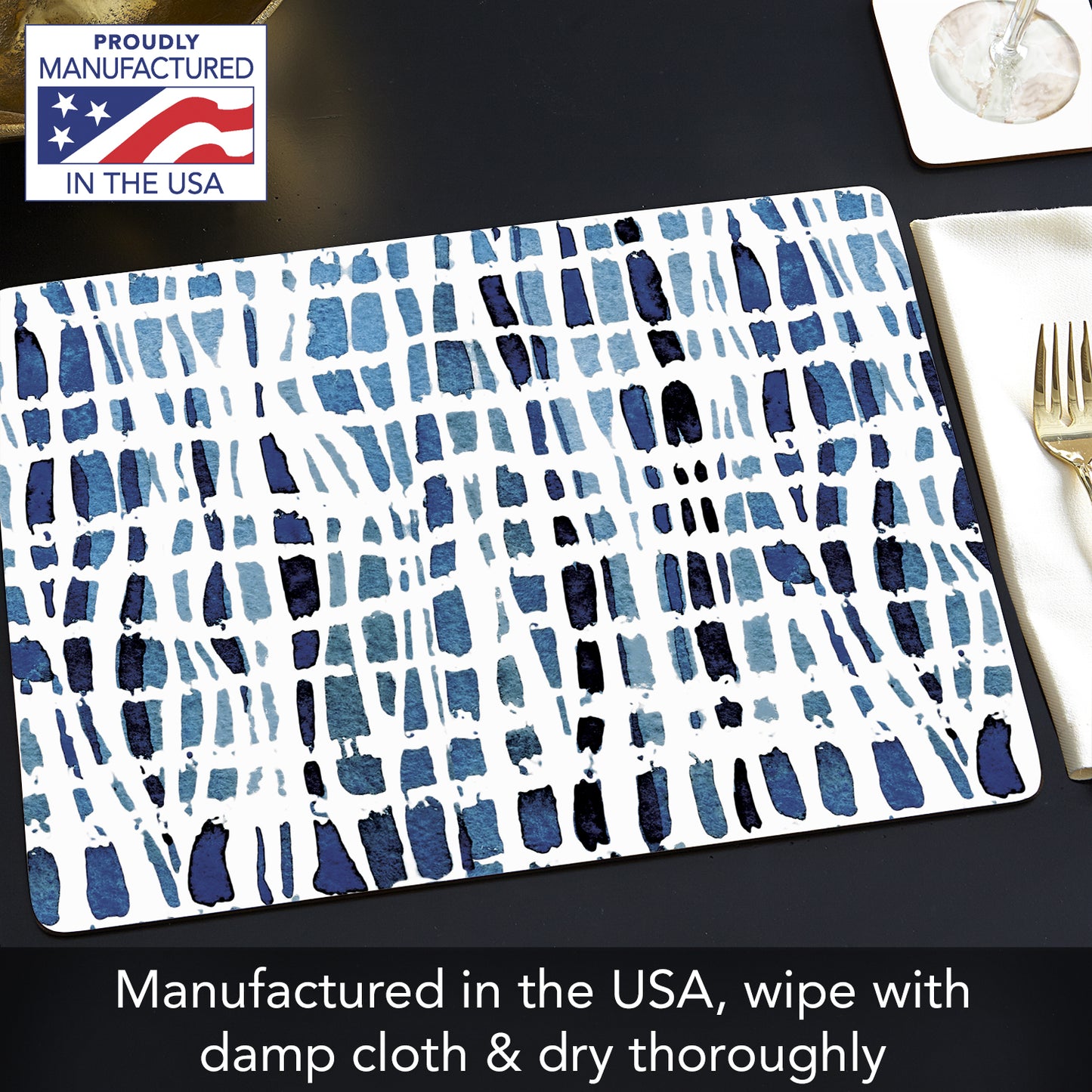 CounterArt Indigo Wavy Lines Premium Decorative Hardboard Tabletop Placemats 4-Pack Manufactured in The USA Heat Tolerant and Easily Wipes Clean