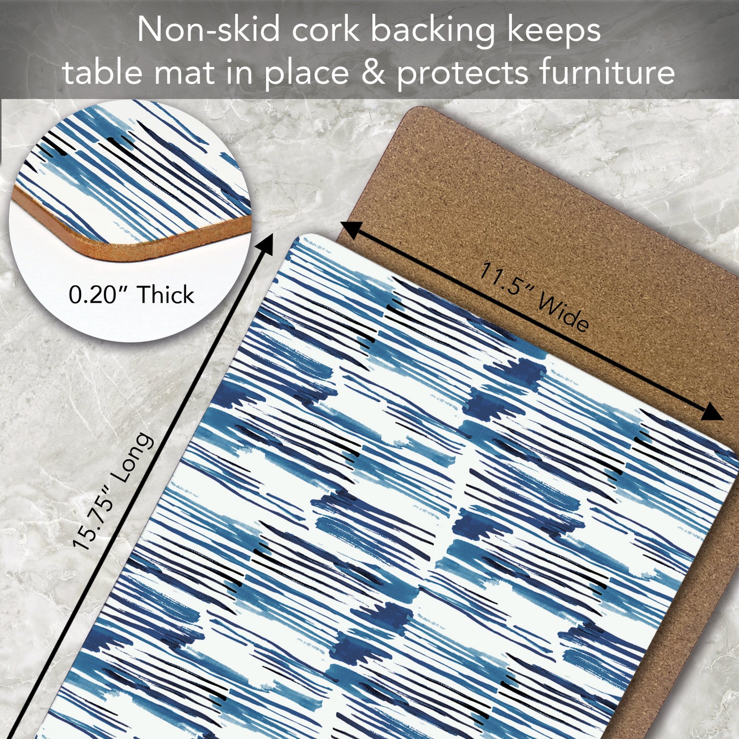 CounterArt Indigo Lines Premium Decorative Hardboard Tabletop Placemats 4-Pack Manufactured in The USA Heat Tolerant and Easily Wipes Clean