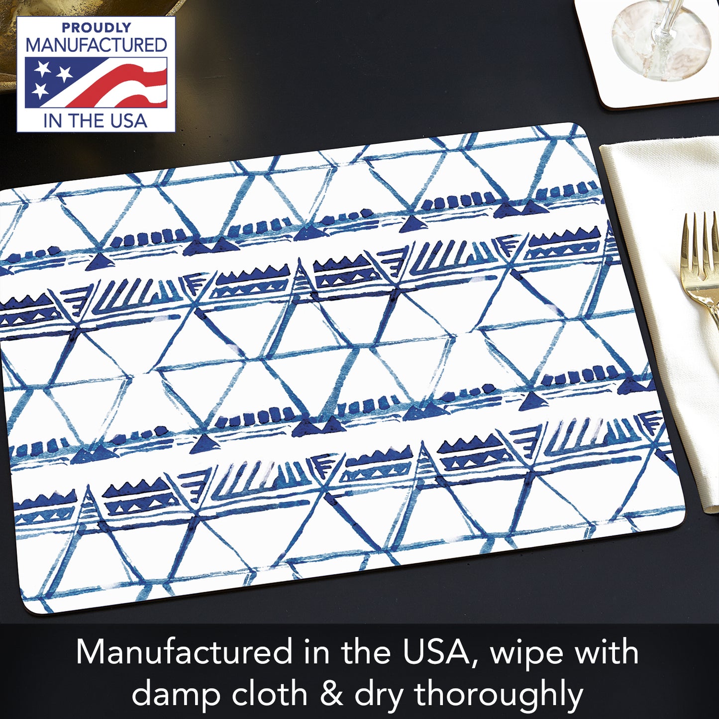 Indigo Triangles Premium Decorative Hardboard Tabletop Placemats 4 Pack Manufactured in The USA