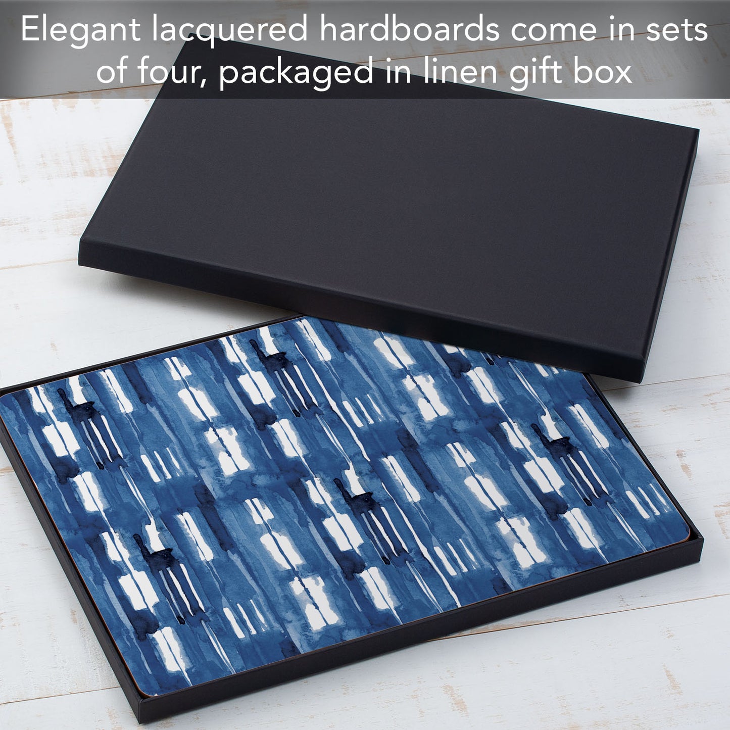 Indigo Block Lines Premium Decorative Hardboard Tabletop Placemats 4 Pack Manufactured in The USA