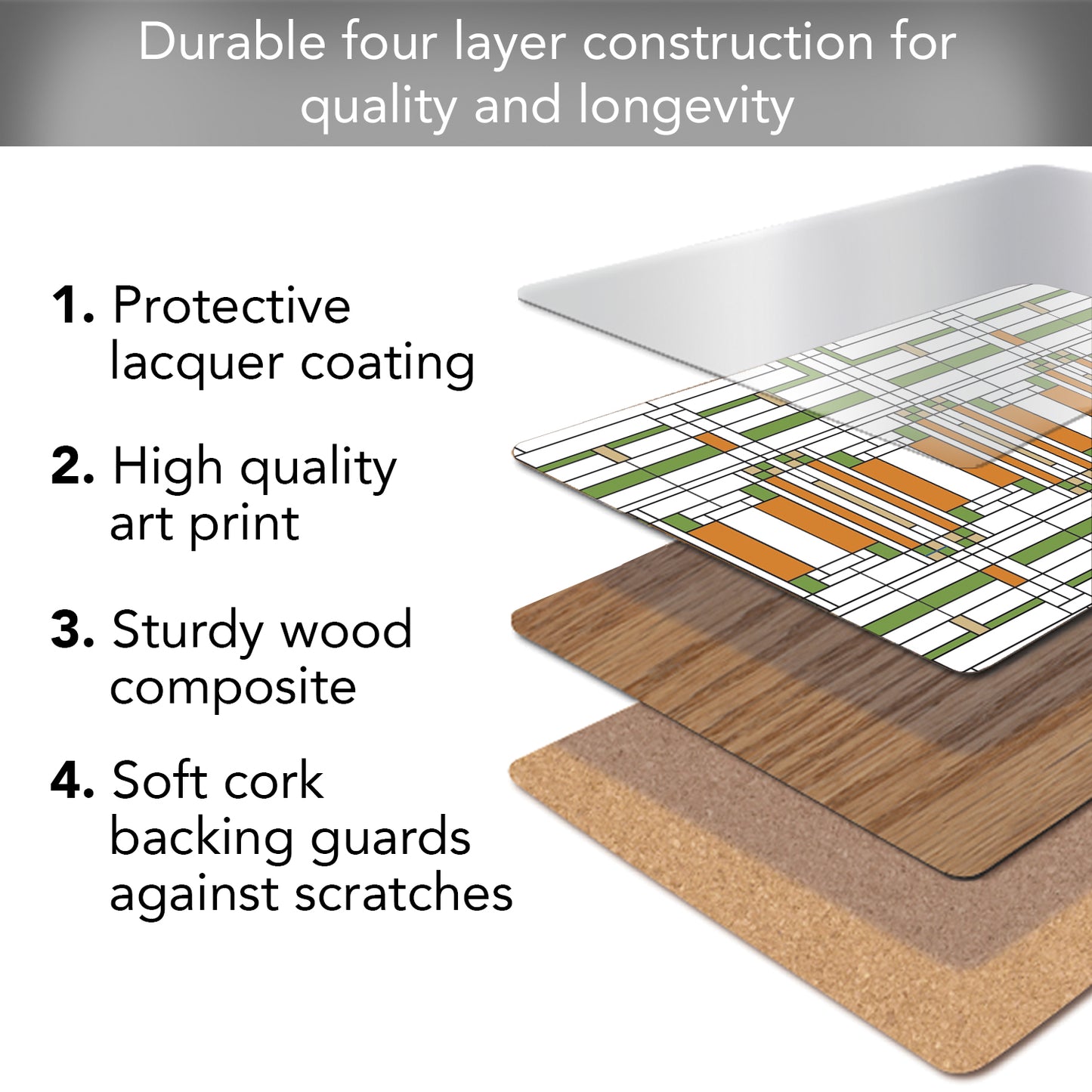CounterArt Oak Park Skylight by FLW Decorative Hardboard Placemats with Protective Cork Backing 4 Pack Layered Construction Heat Tolerant and Easily Wipes Clean