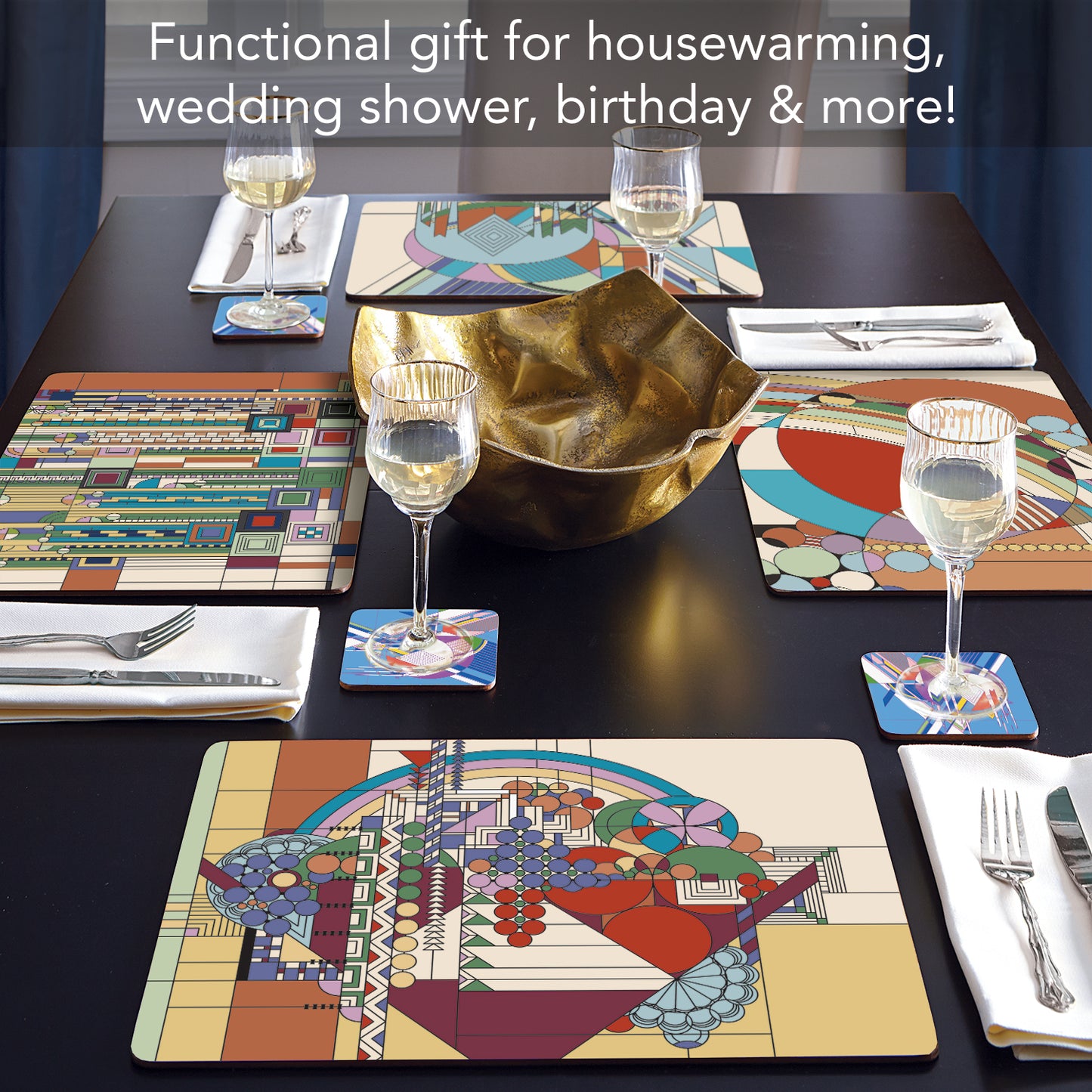 CounterArt Liberty Covers Assortment by FLW Decorative Hardboard Placemats with Protective Cork Backing 4 Pack Layered Construction Heat Tolerant and Easily Wipes Clean