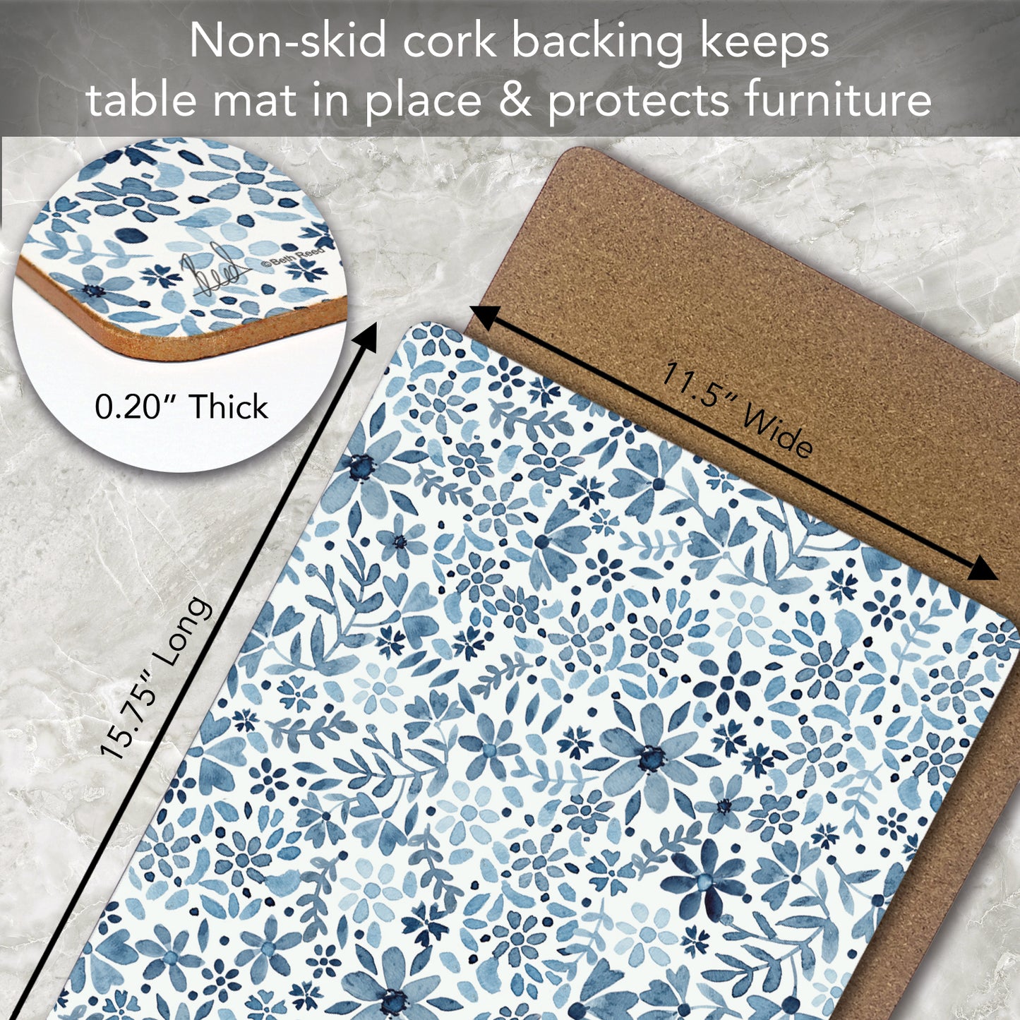 Ditsy Floral Premium 4 Pack Boxed Hardboard Tabletop Placemats Manufactured in the USA