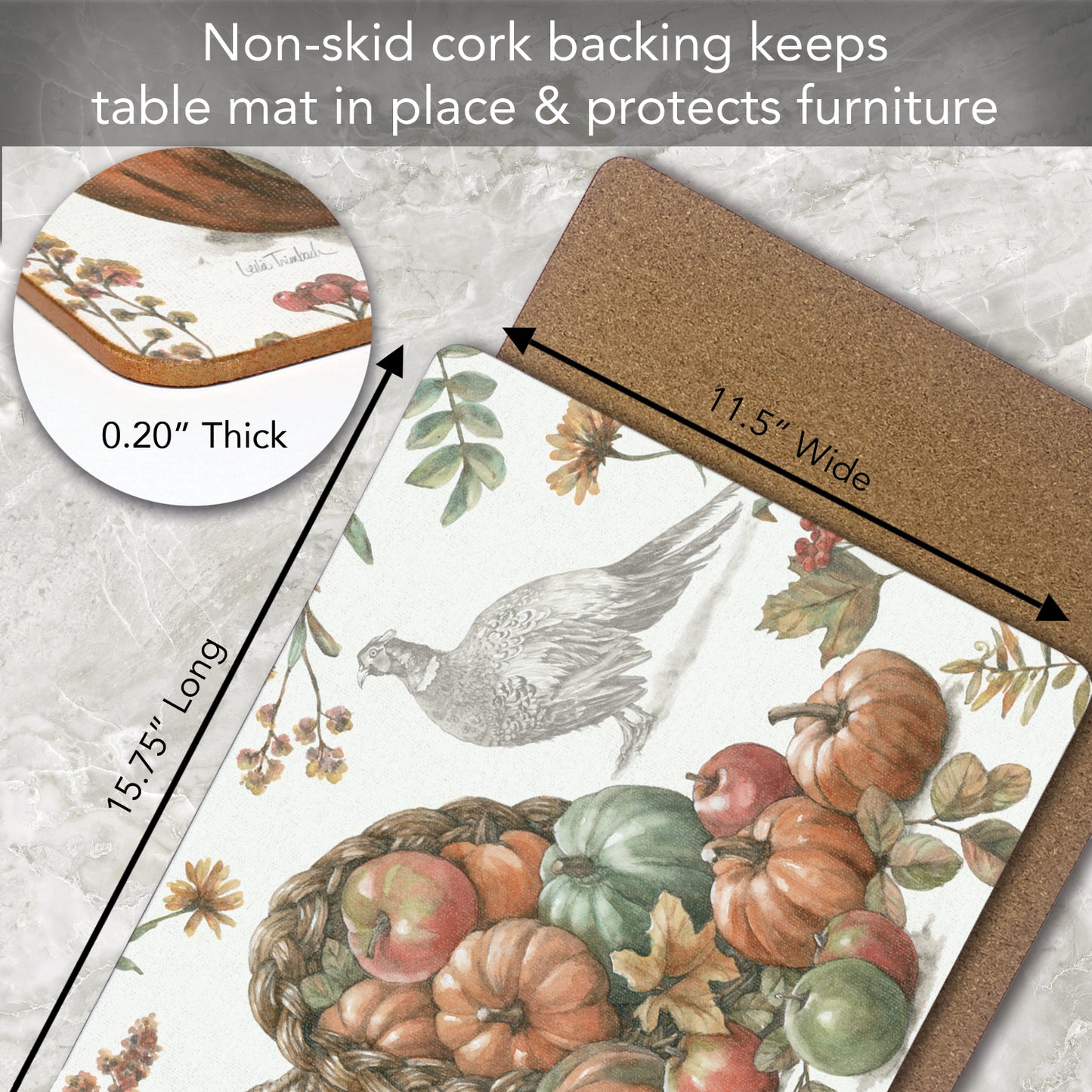 Bountiful Harvest Design Premium Decorative Hardboard Tabletop Placemats 4 Pack Manufactured in the USA