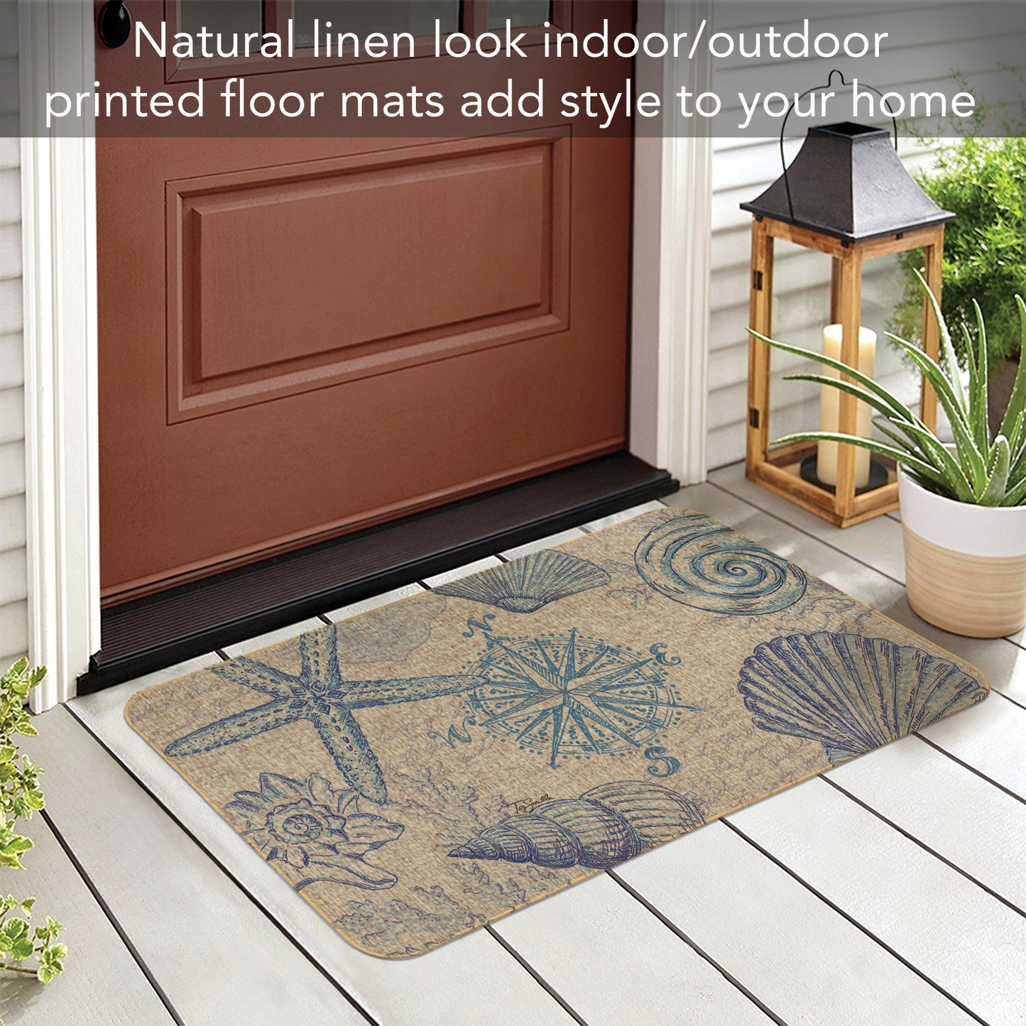 Counterart Coastal Sketch Decorative Indoor/Outdoor Natural Linen Look Floor Mat with Recycled Rubber Back Manufactured in The USA 29.5” x 17.75”