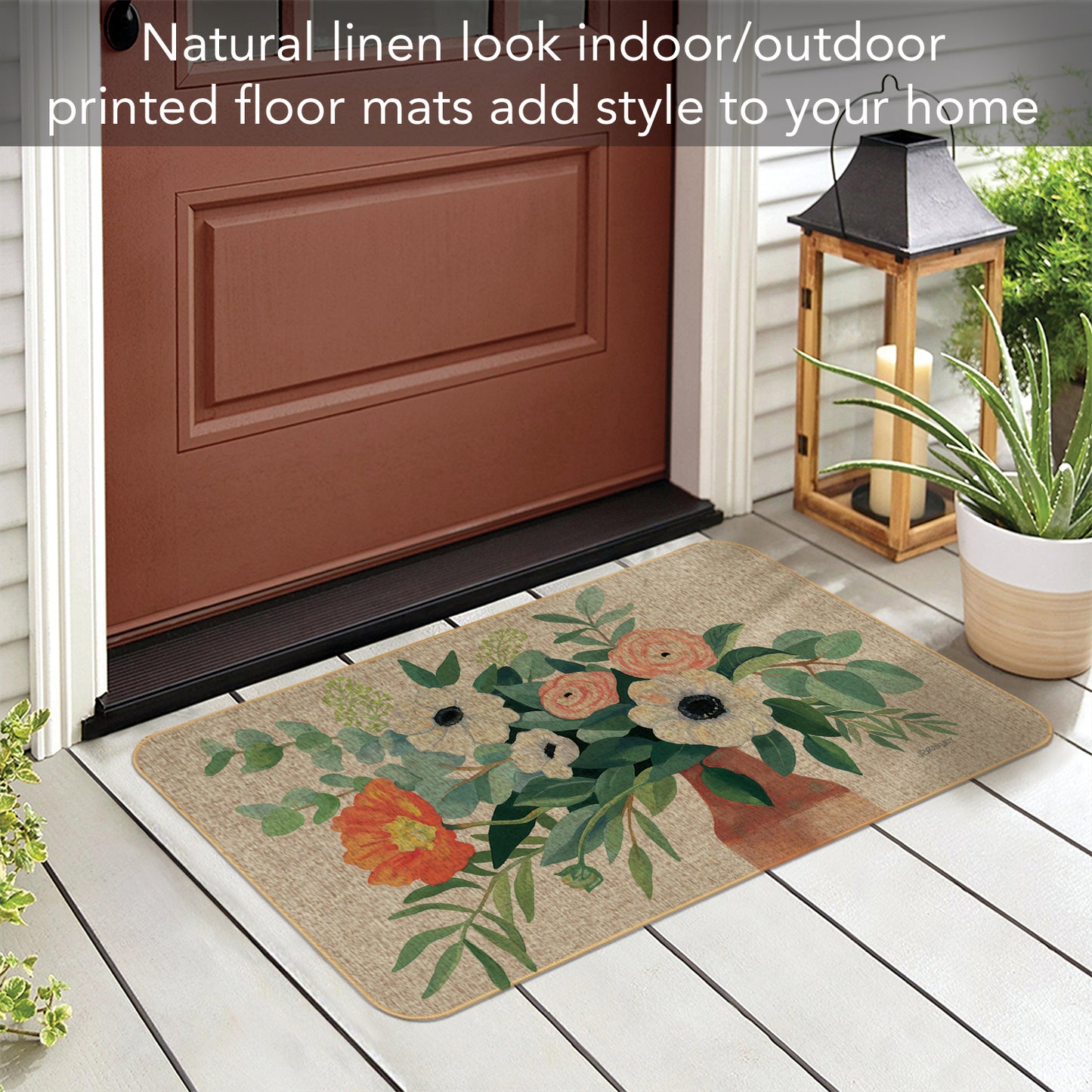 Counterart Fresh Poppies Decorative Indoor/Outdoor Natural Linen Look Floor Mat with Recycled Rubber Back Manufactured in The USA 29.5” x 17.75”