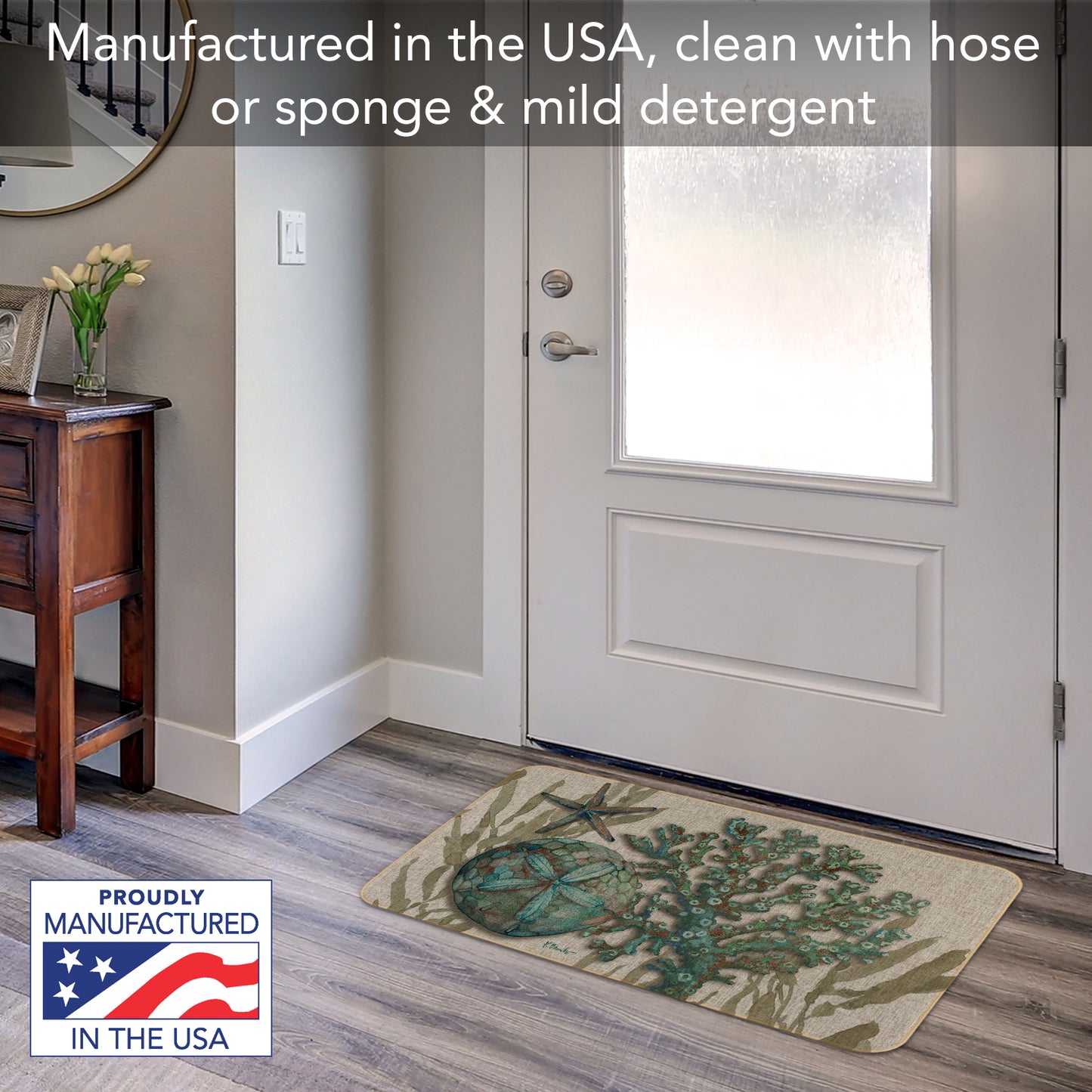 Counterart Crescent Beach Shells Indoor/Outdoor Natural Linen Look Floor Mat with Recycled Rubber Backing Manufactured in The USA 29.5” x 17.75”