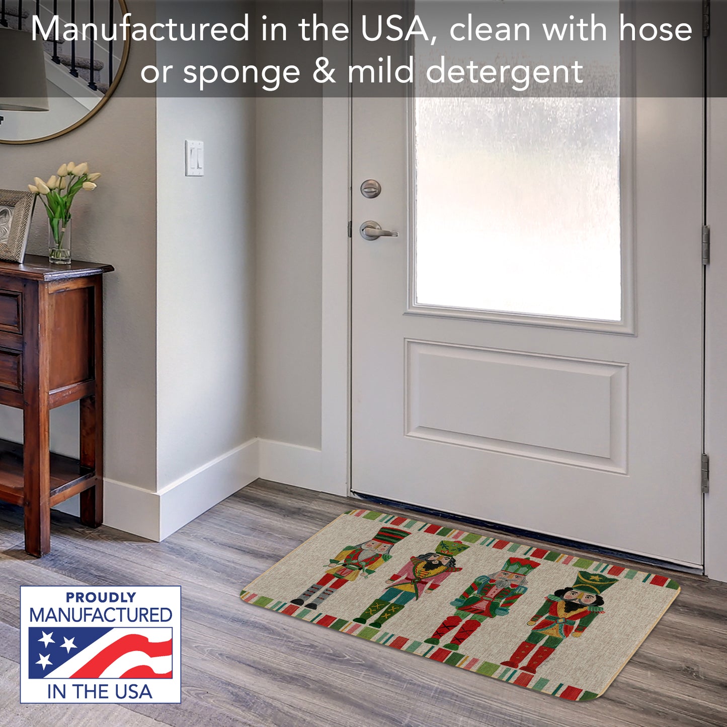 Counterart Nutcracker Holidays Indoor/Outdoor Natural Linen Look Floor Mat with Recycled Rubber Back Manufactured in The USA 29.5” x 17.75”