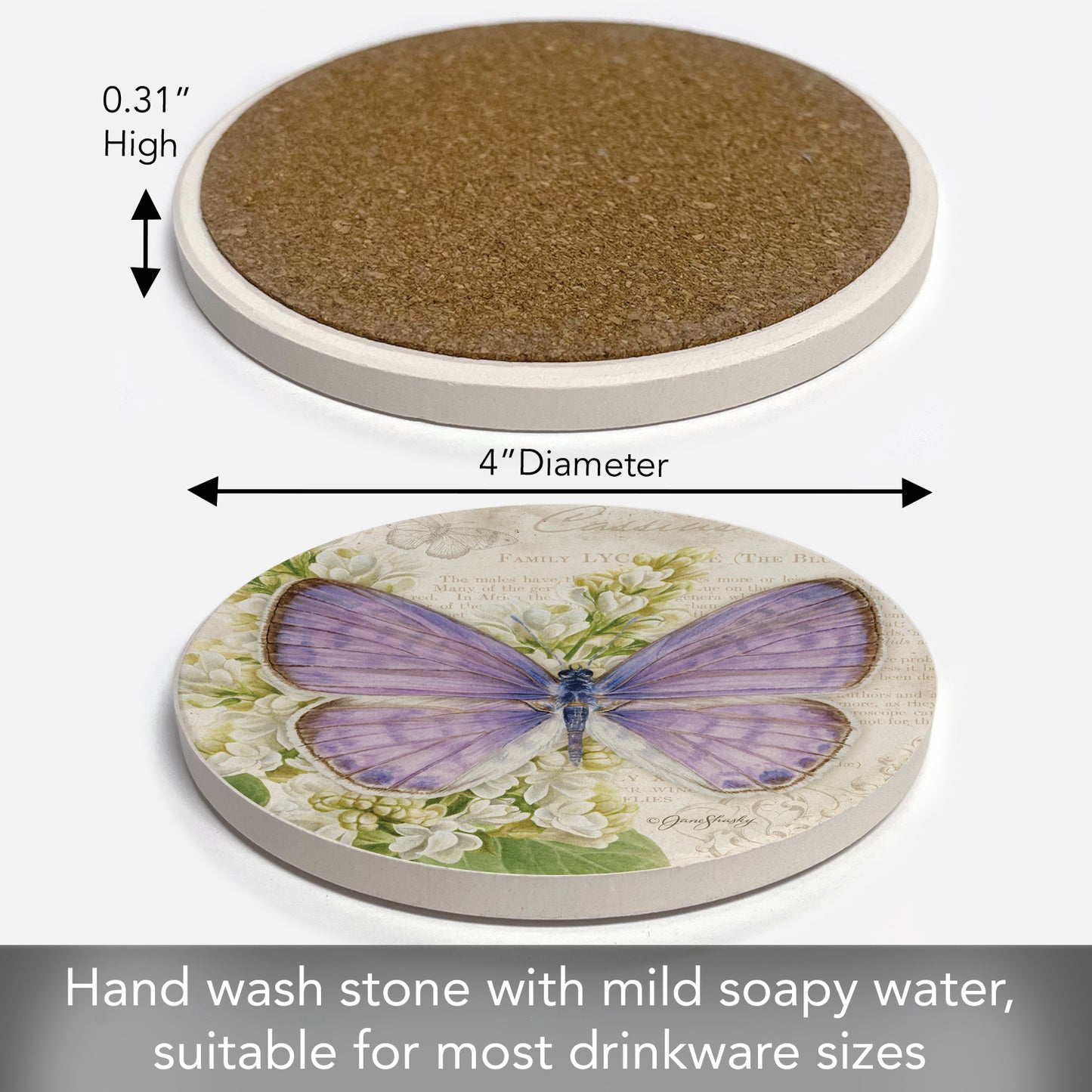 Thirstystone Cassius Blue Butterfly Single Round Absorbent Stone Coaster with Protective Cork Backing Manufactured in The USA 4" Diameter