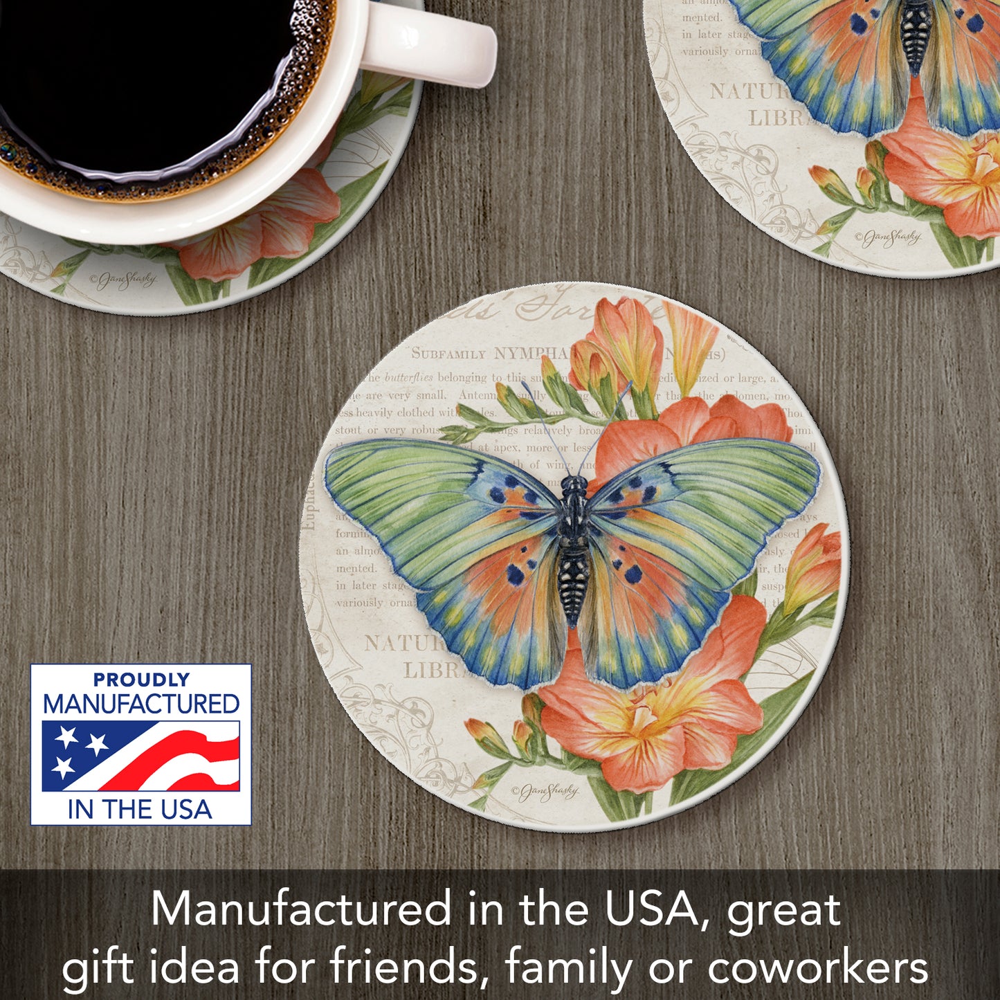 Thirstystone Edwards Forester Butterfly Single Round Absorbent Stone Coaster with Protective Cork Backing Manufactured in The USA 4" Diameter
