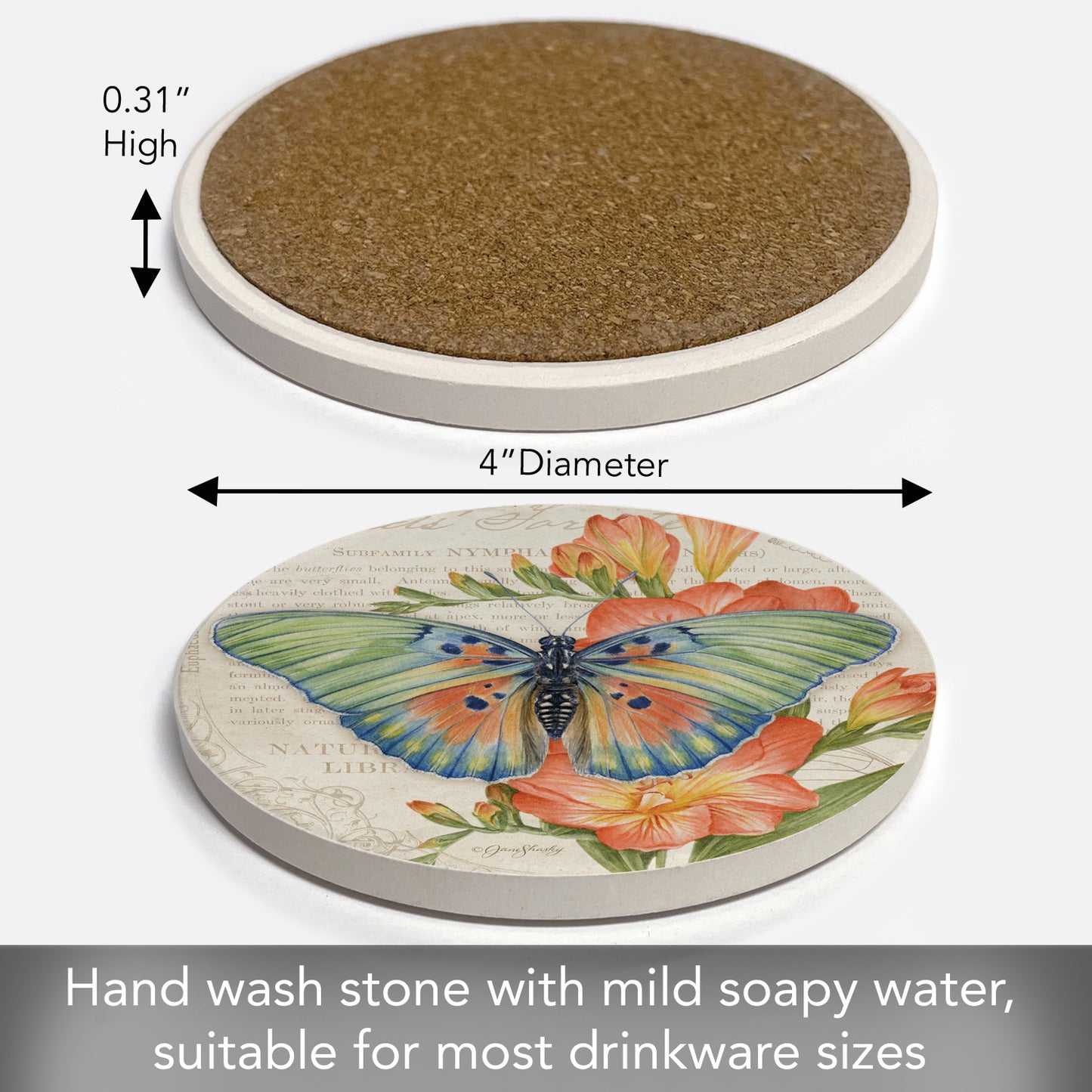 Thirstystone Edwards Forester Butterfly Single Round Absorbent Stone Coaster with Protective Cork Backing Manufactured in The USA 4" Diameter