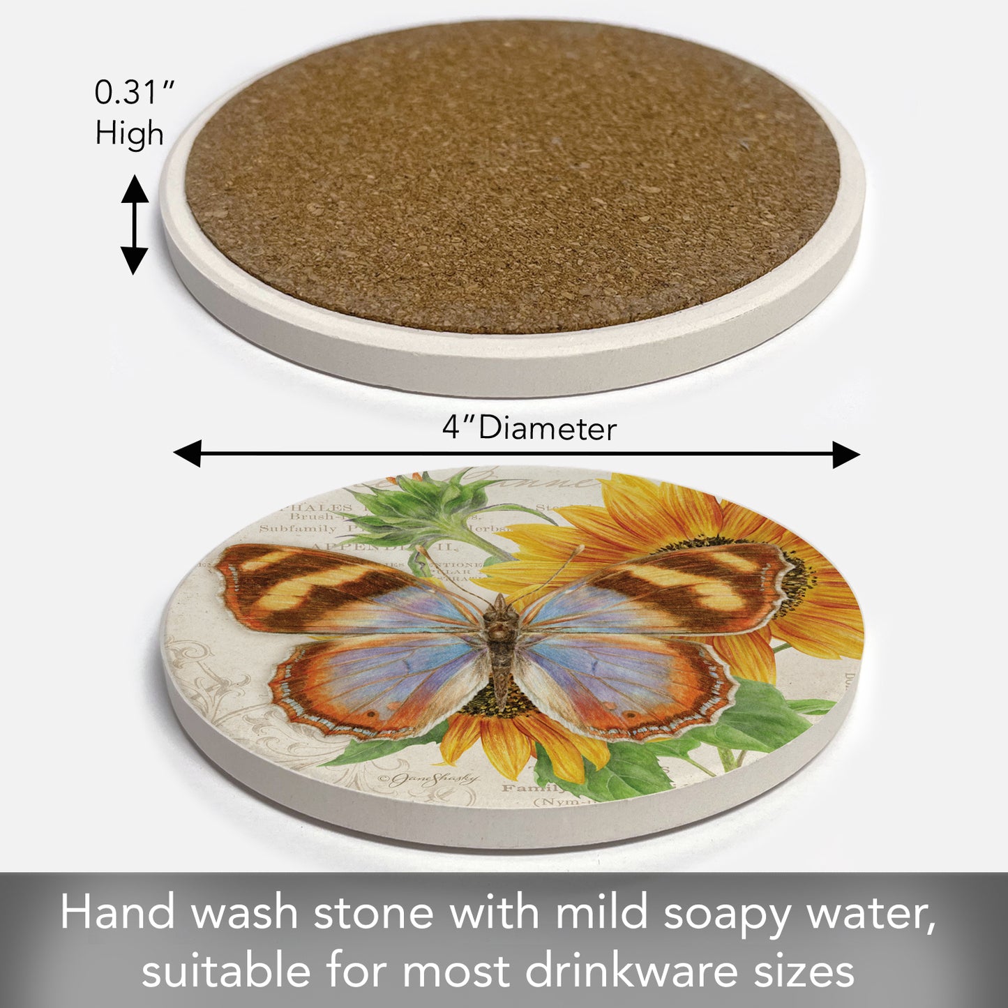 Thirstystone Variable Banner Butterfly Single Round Absorbent Stone Coaster with Protective Cork Backing Manufactured in The USA 4" Diameter