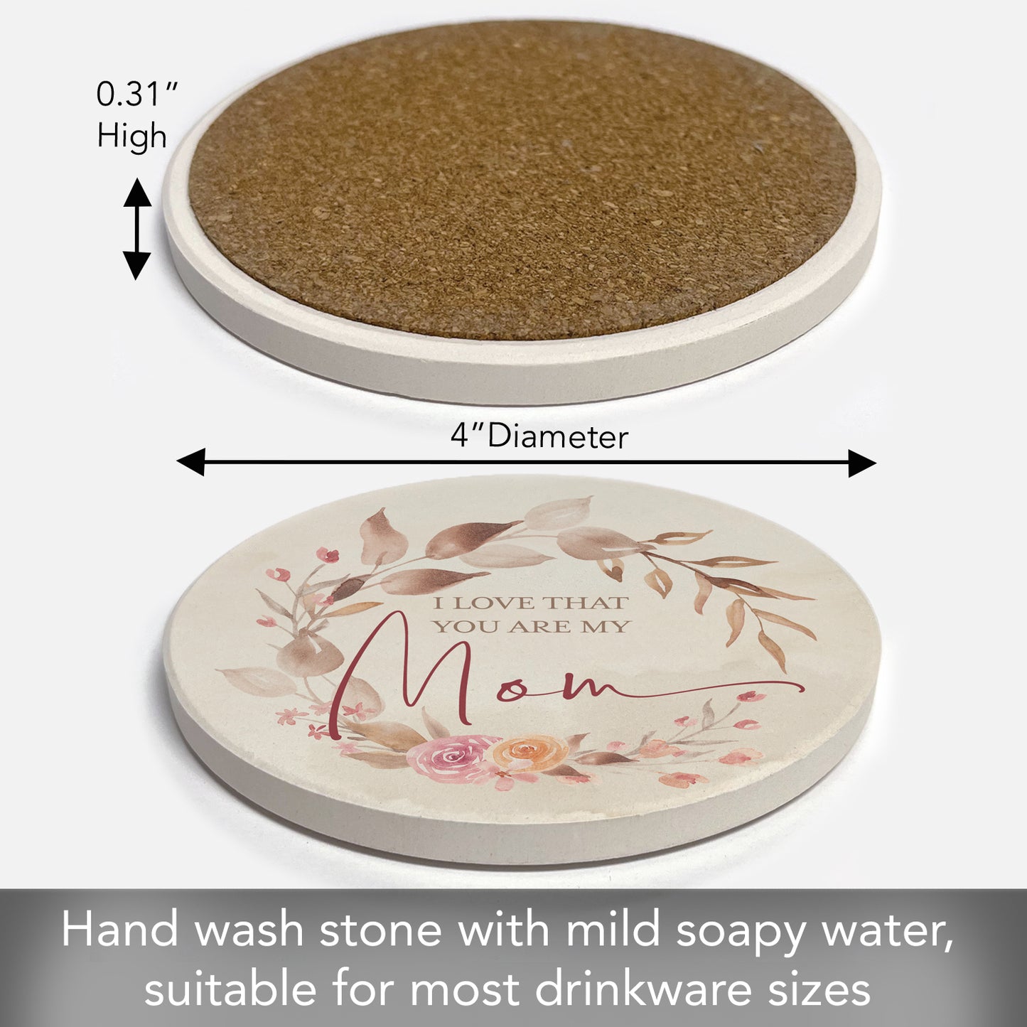 Thirstystone My Mom Single Round Absorbent Stone Coaster with Protective Cork Backing Manufactured in The USA 4" Diameter