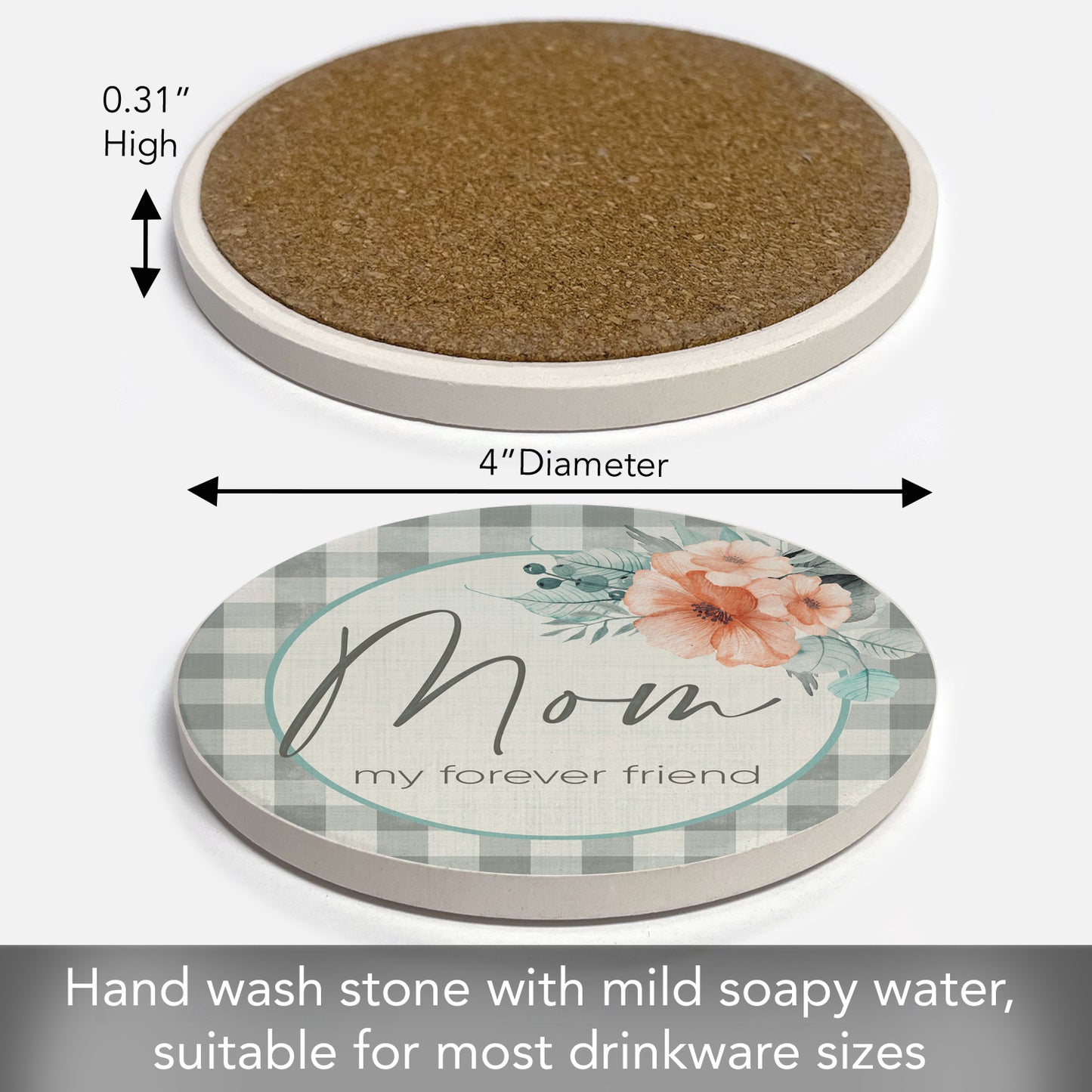 Thirstystone Mom Forever Friend Single Round Absorbent Stone Coaster with Protective Cork Backing Manufactured in The USA 4" Diameter