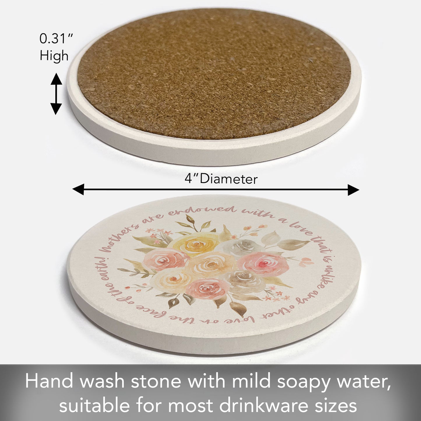 Thirstystone Mothers Endowed Single Round Absorbent Stone Coaster with Protective Cork Backing Manufactured in The USA 4" Diameter