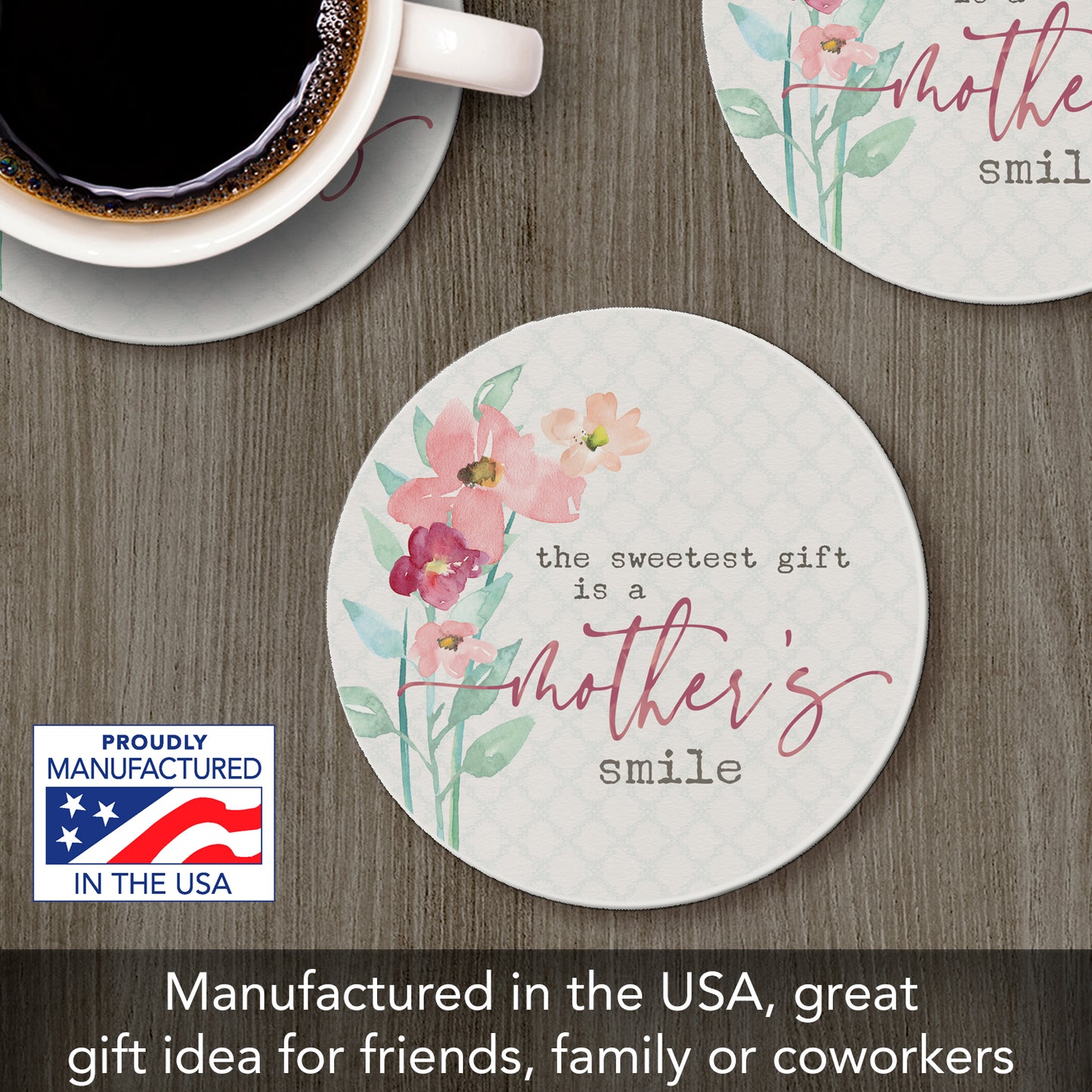 Thirstystone Mothers Smile Single Round Absorbent Stone Coaster with Protective Cork Backing Manufactured in The USA 4" Diameter