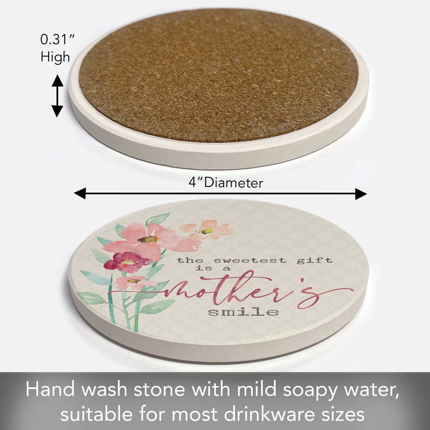 Thirstystone Mothers Smile Single Round Absorbent Stone Coaster with Protective Cork Backing Manufactured in The USA 4" Diameter