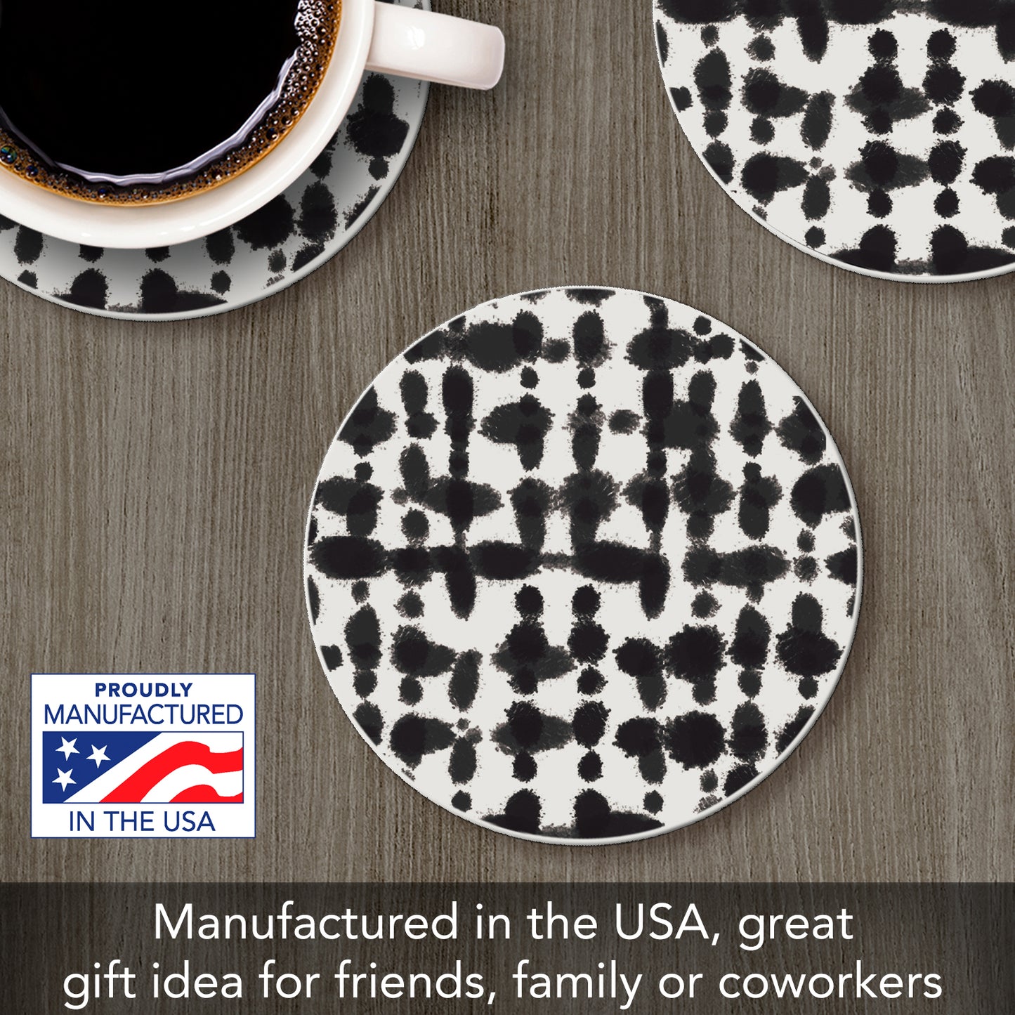 Thirstystone Black Spots Single Round Absorbent Stone Coaster with Protective Cork Backing Manufactured in The USA 4" Diameter