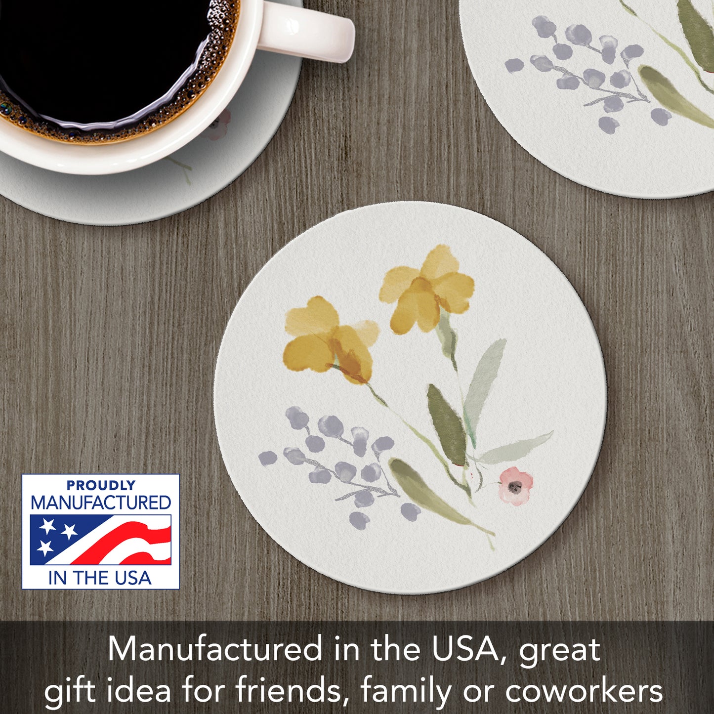 Thirstystone Yellow Floral Single Round Absorbent Stone Coaster with Protective Cork Backing Manufactured in The USA 4" Diameter