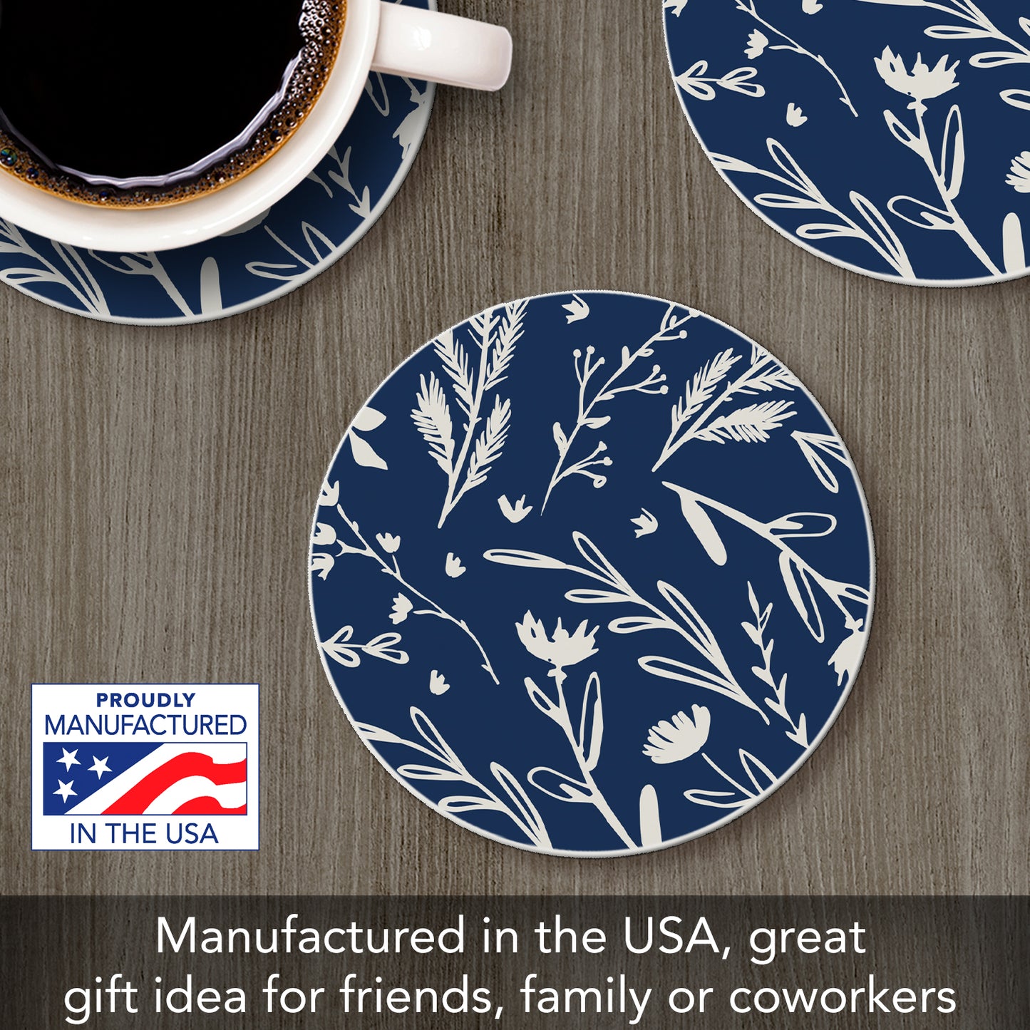 Thirstystone Navy & White Floral Single Round Absorbent Stone Coaster with Protective Cork Backing Manufactured in The USA 4" Diameter