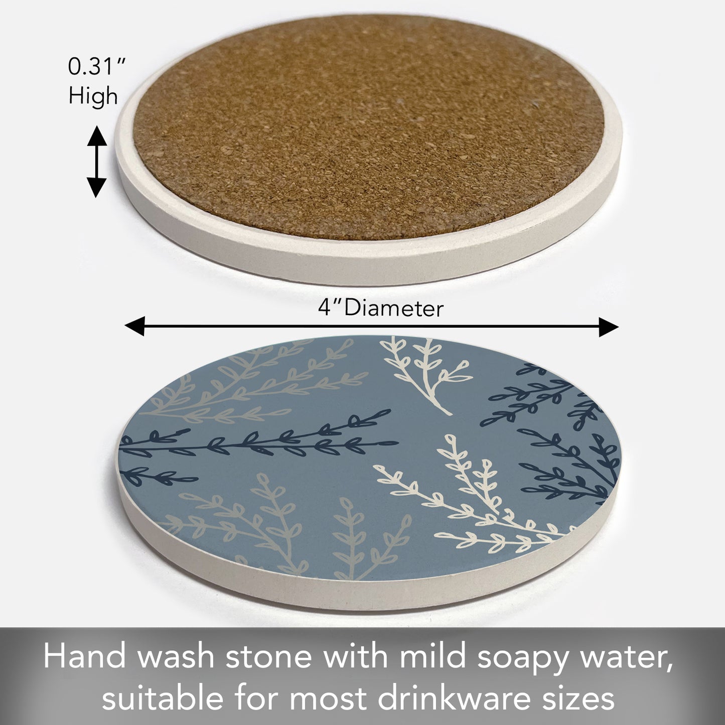 Thirstystone Blue Branches Single Round Absorbent Stone Coaster with Protective Cork Backing Manufactured in The USA 4" Diameter