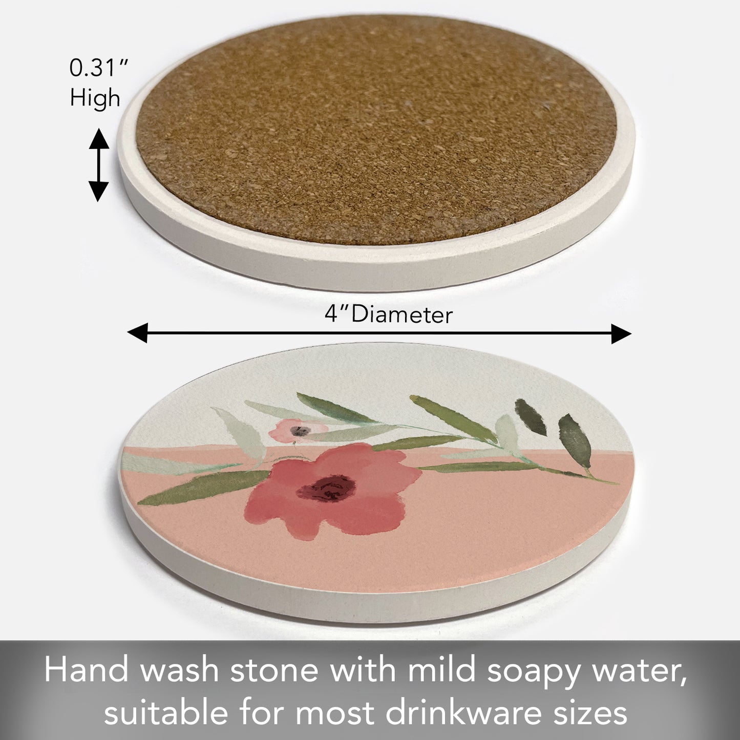Thirstystone Pink Floral Single Round Absorbent Stone Coaster with Protective Cork Backing Manufactured in The USA 4" Diameter