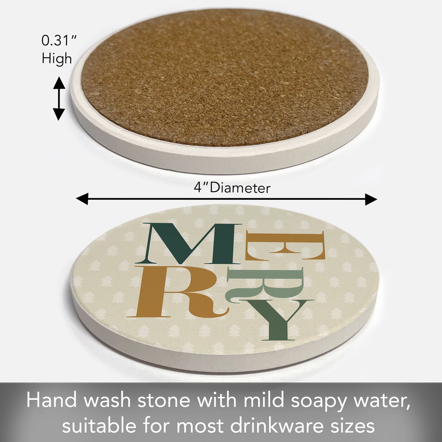 Thirstystone Merry Single Round Absorbent Stone Coaster with Protective Cork Backing Manufactured in The USA 4" Diameter