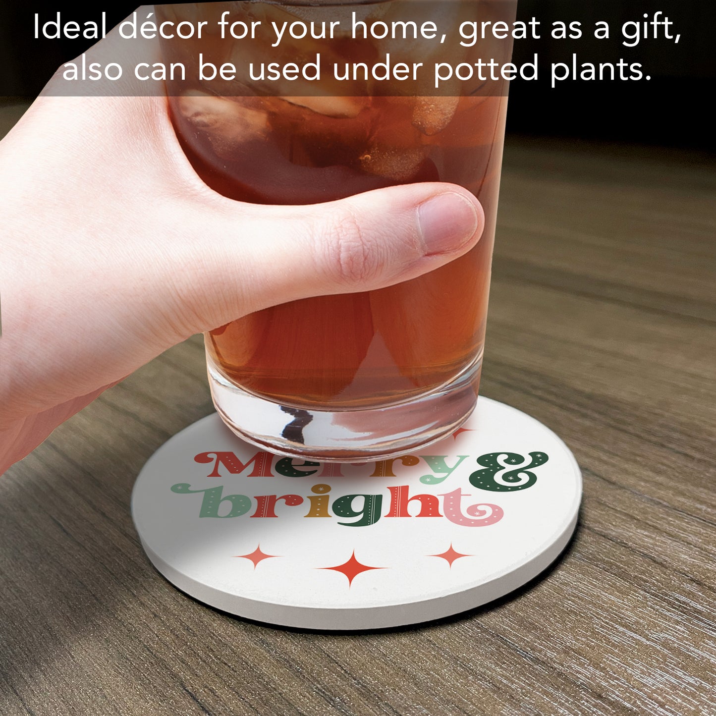 Merry & Bright Single Round Absorbent Stone Coaster with Protective Cork Backing Manufactured in The USA 4" Diameter